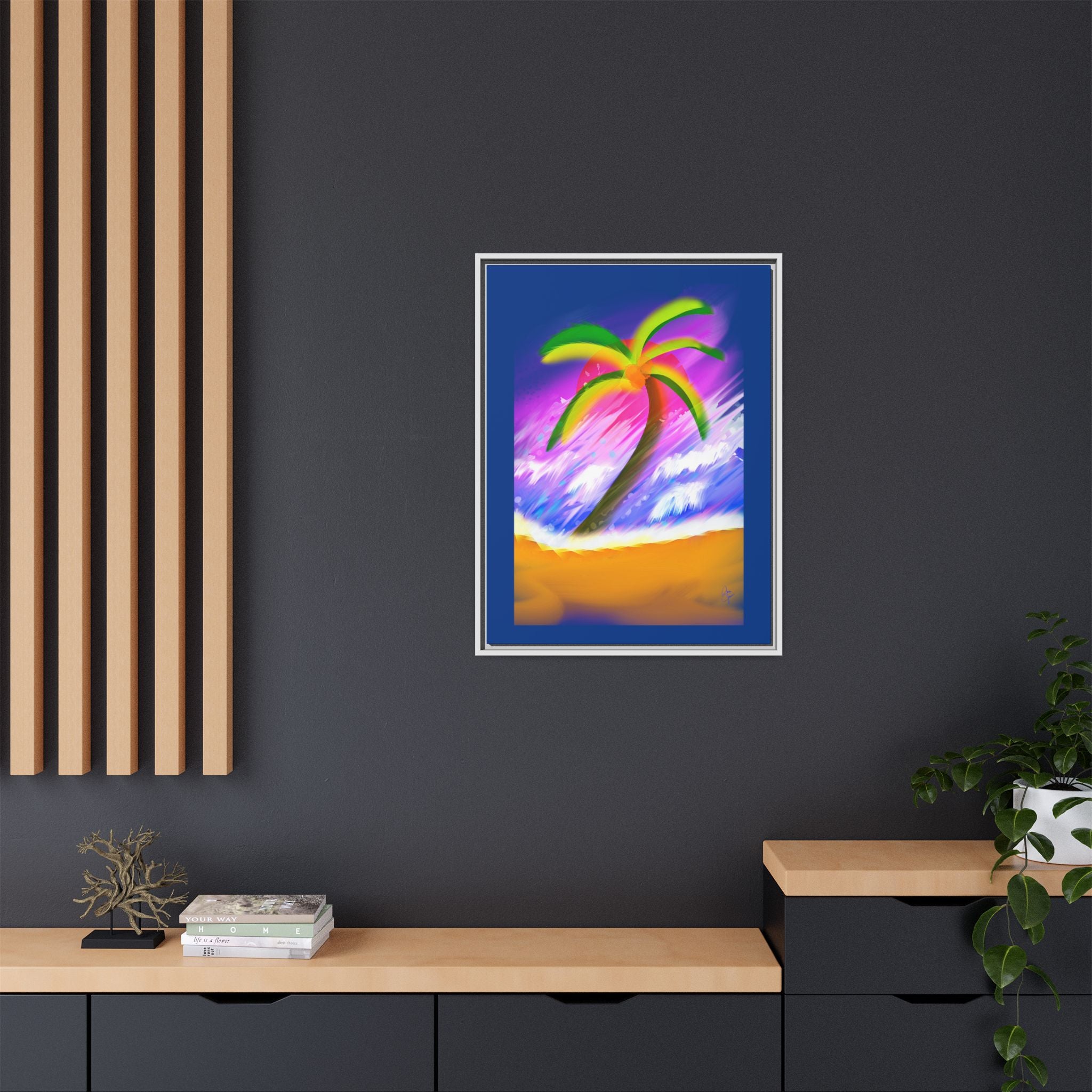 Framed Matte Canvas Print — Neon Palm Beach Art