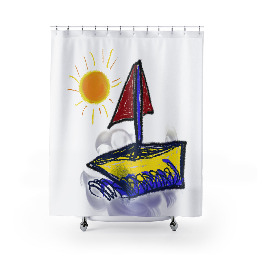Sailboat Sun Shower Curtain — Bright Nautical Kids Bathroom Decor