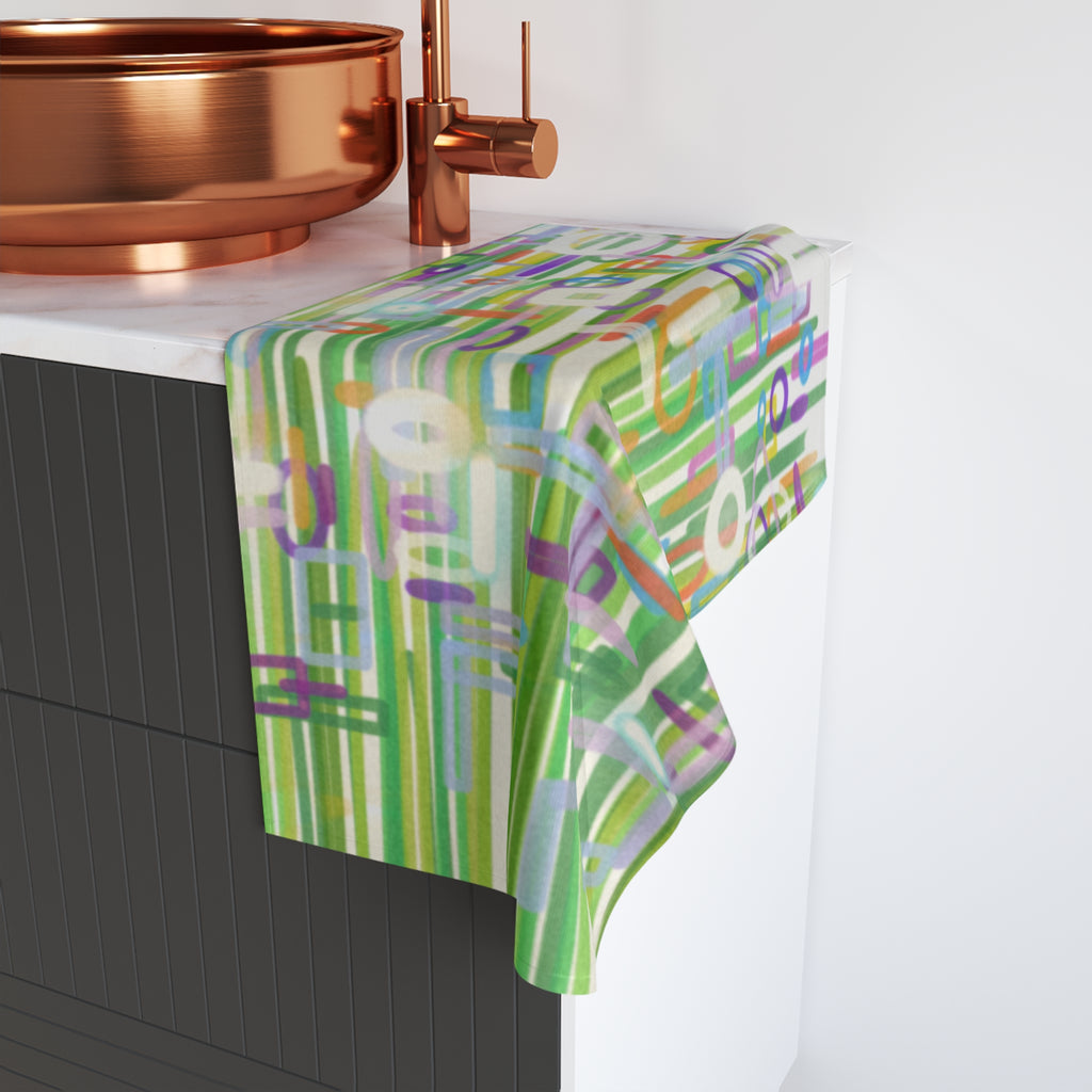 Abstract Green Stripe Hand Towel — Colorful Geometric Circles & Lines