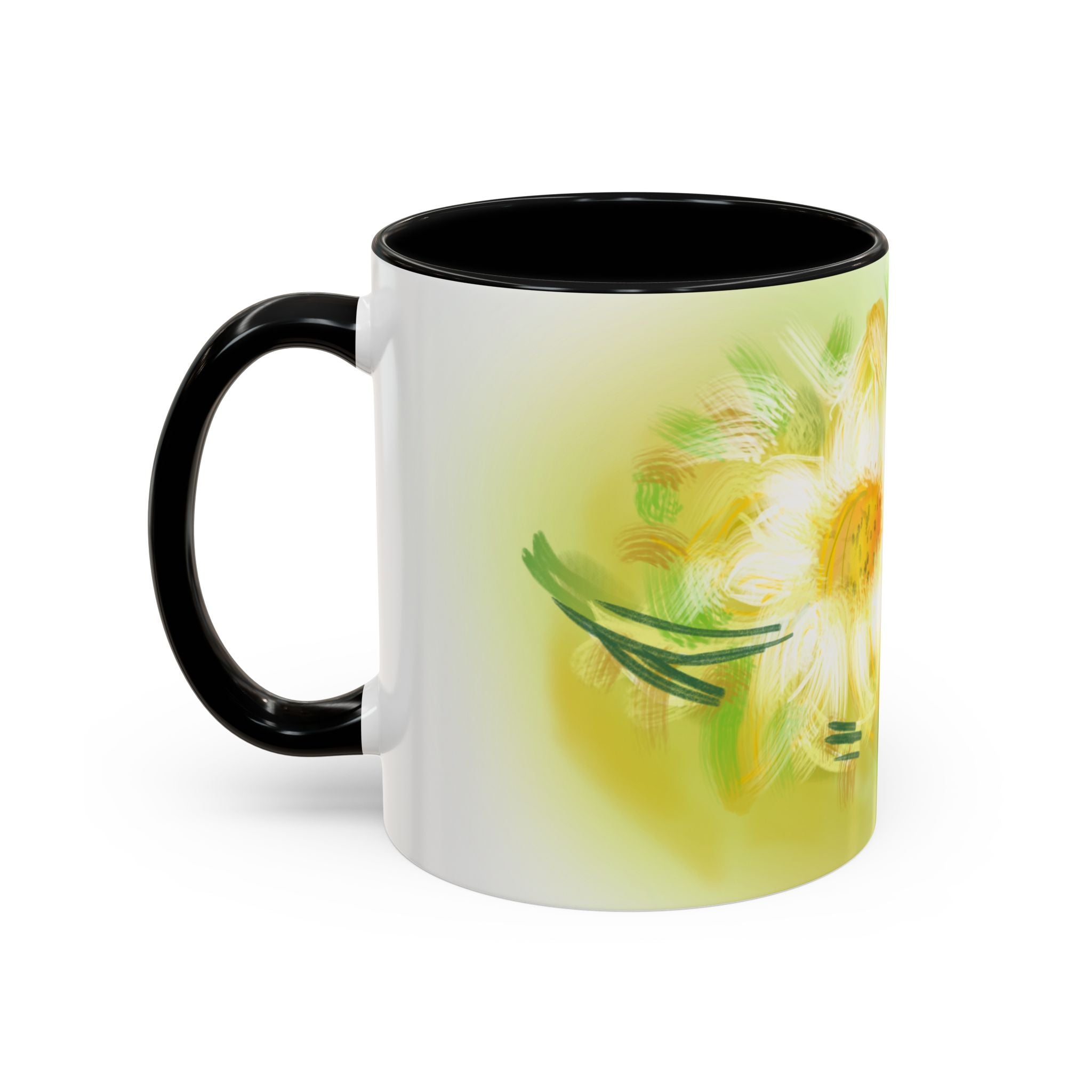 Sunlit Daisy Accent Coffee Mug — Yellow Floral 11/15oz