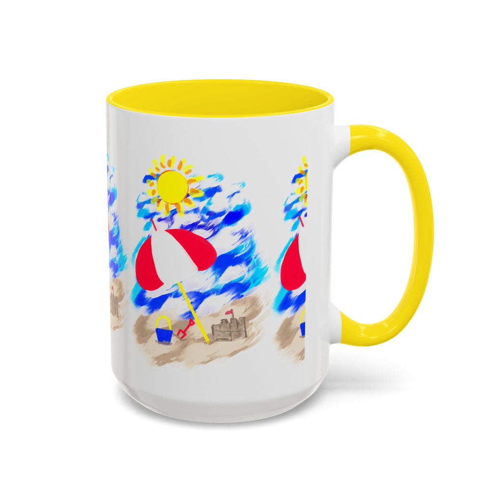 Beach Scene Coffee Mug – Summer Umbrella, Sun & Sandcastle Accent Mug