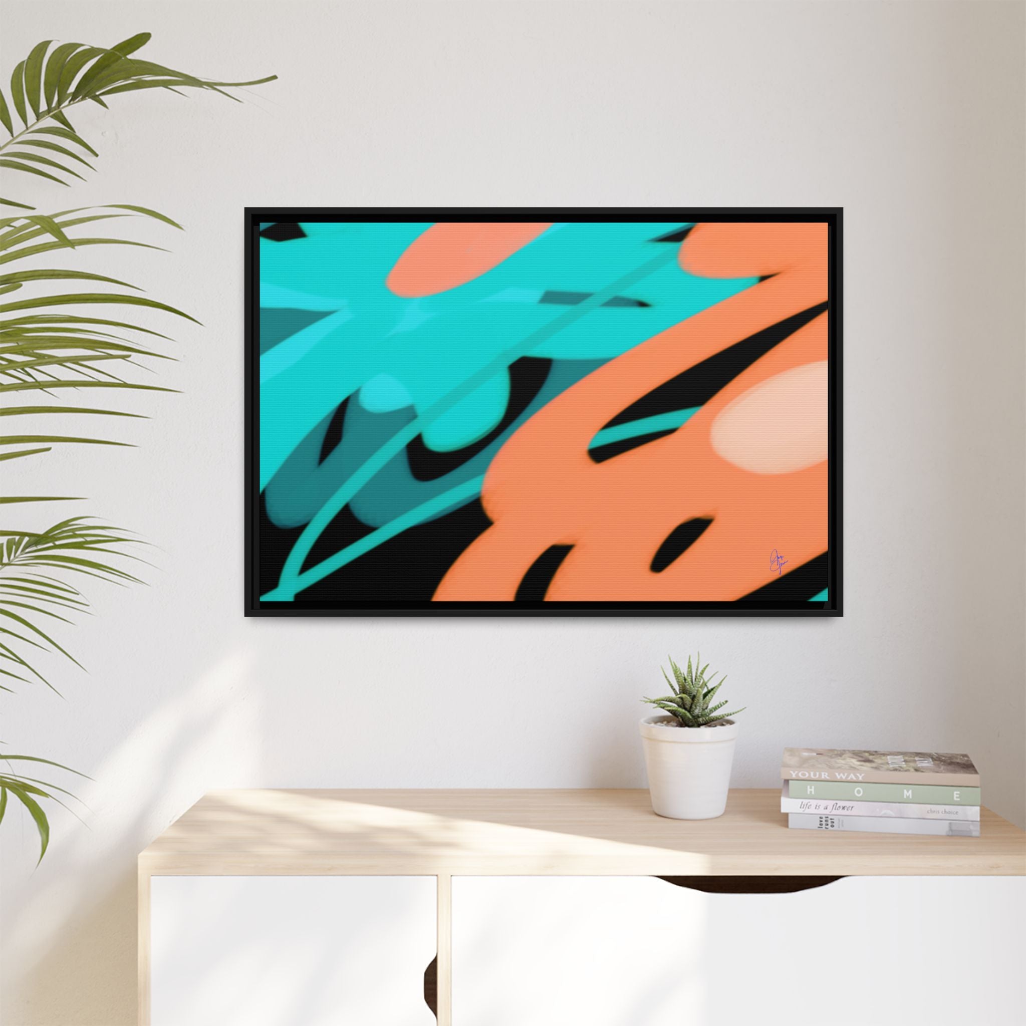 Abstract Teal & Coral Splash Framed Canvas
