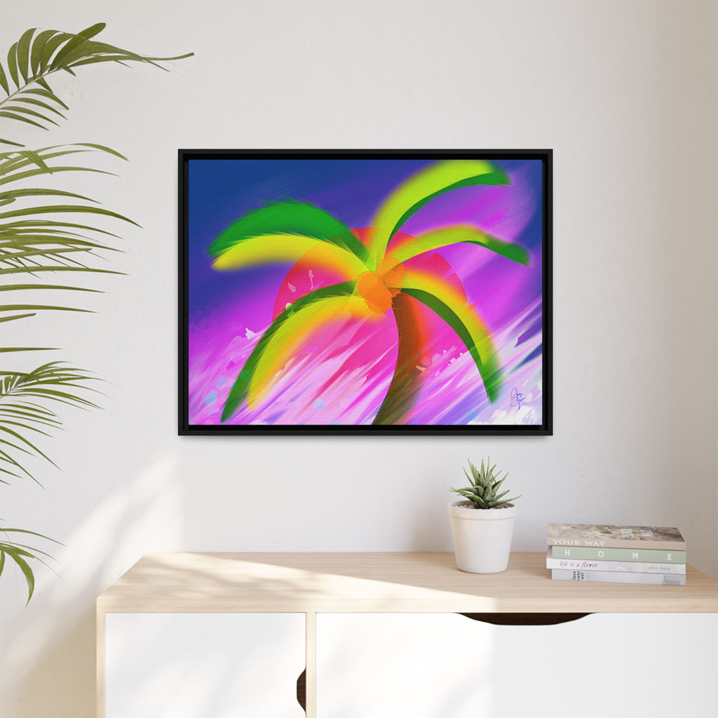 Framed Matte Canvas Print — Neon Palm Beach Art
