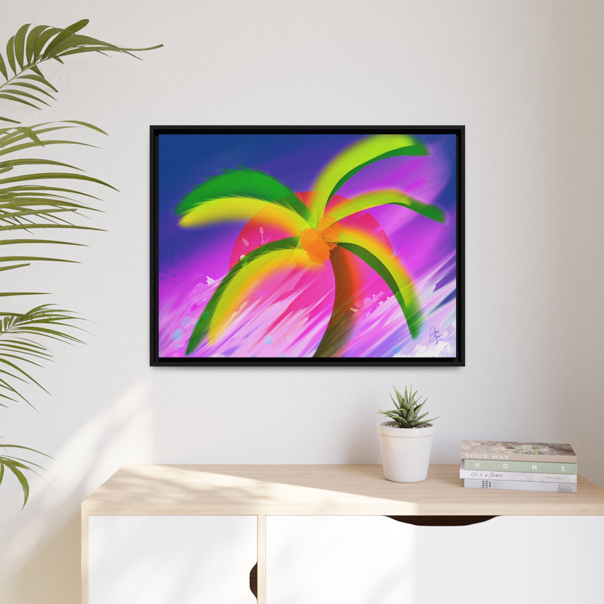 Framed Matte Canvas Print — Neon Palm Beach Art