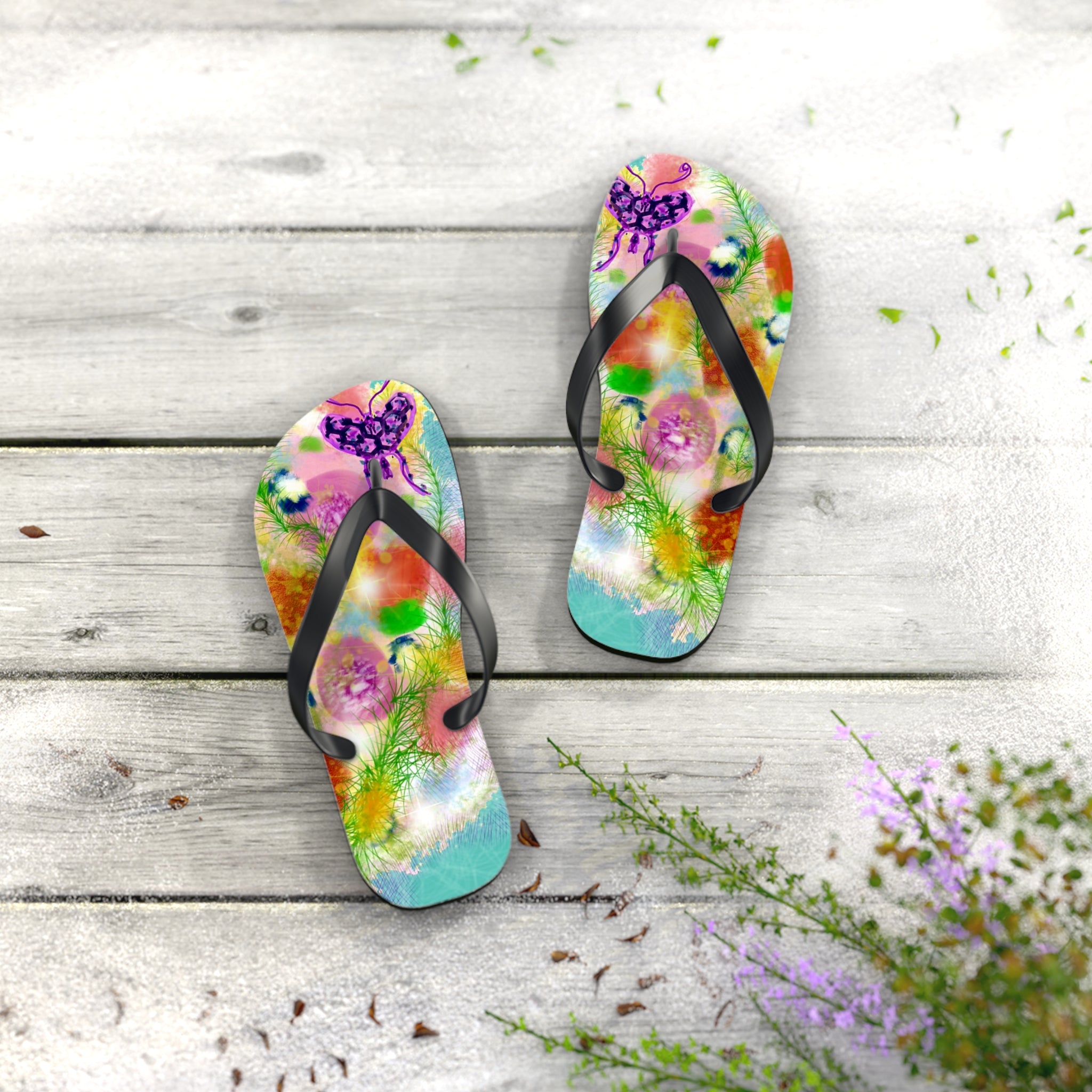 Floral Watercolor Flip Flops - Colorful Beach Sandals with Dreamy Garden Print
