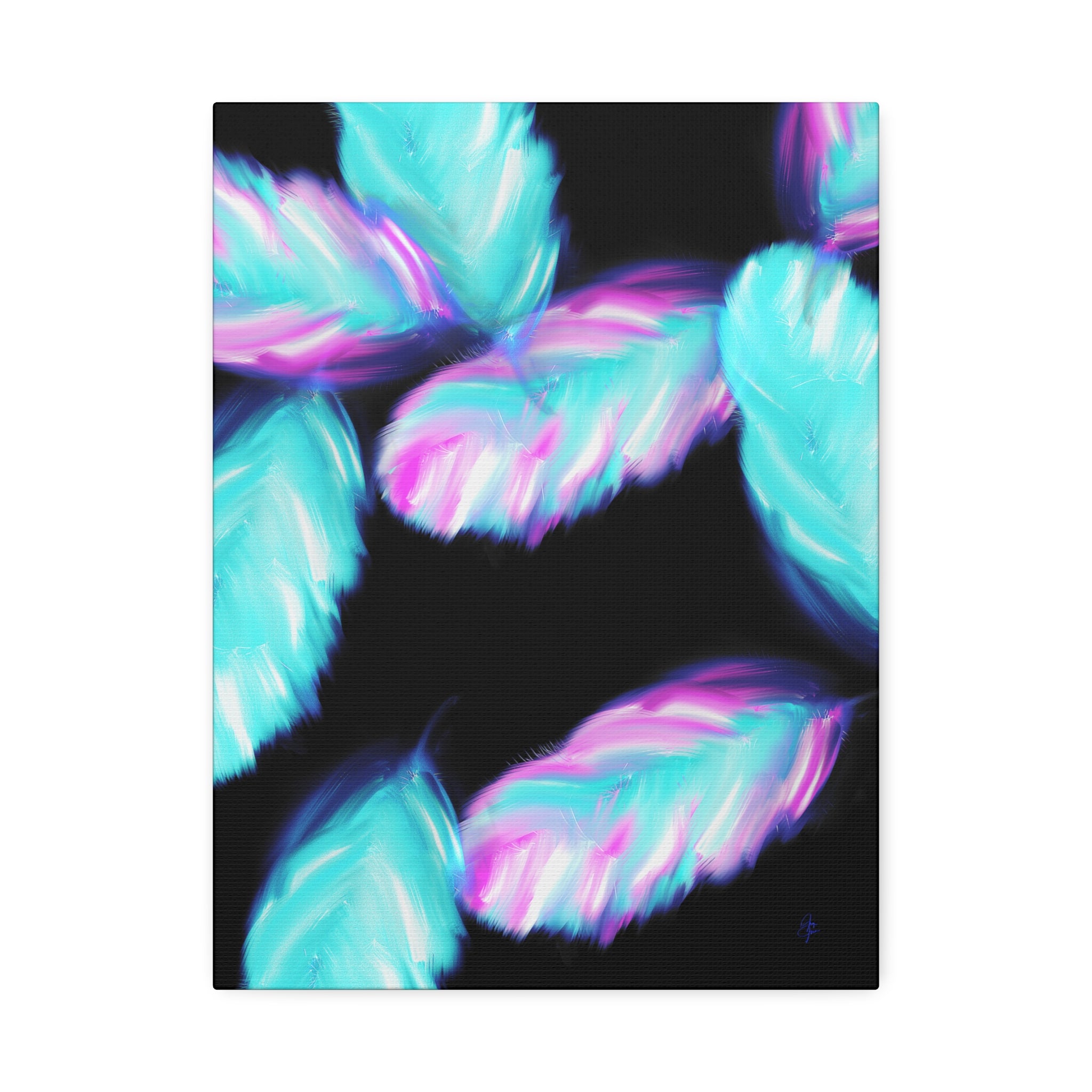 Abstract Neon Feathers Canvas Print — Turquoise & Pink Stretched Wall Art