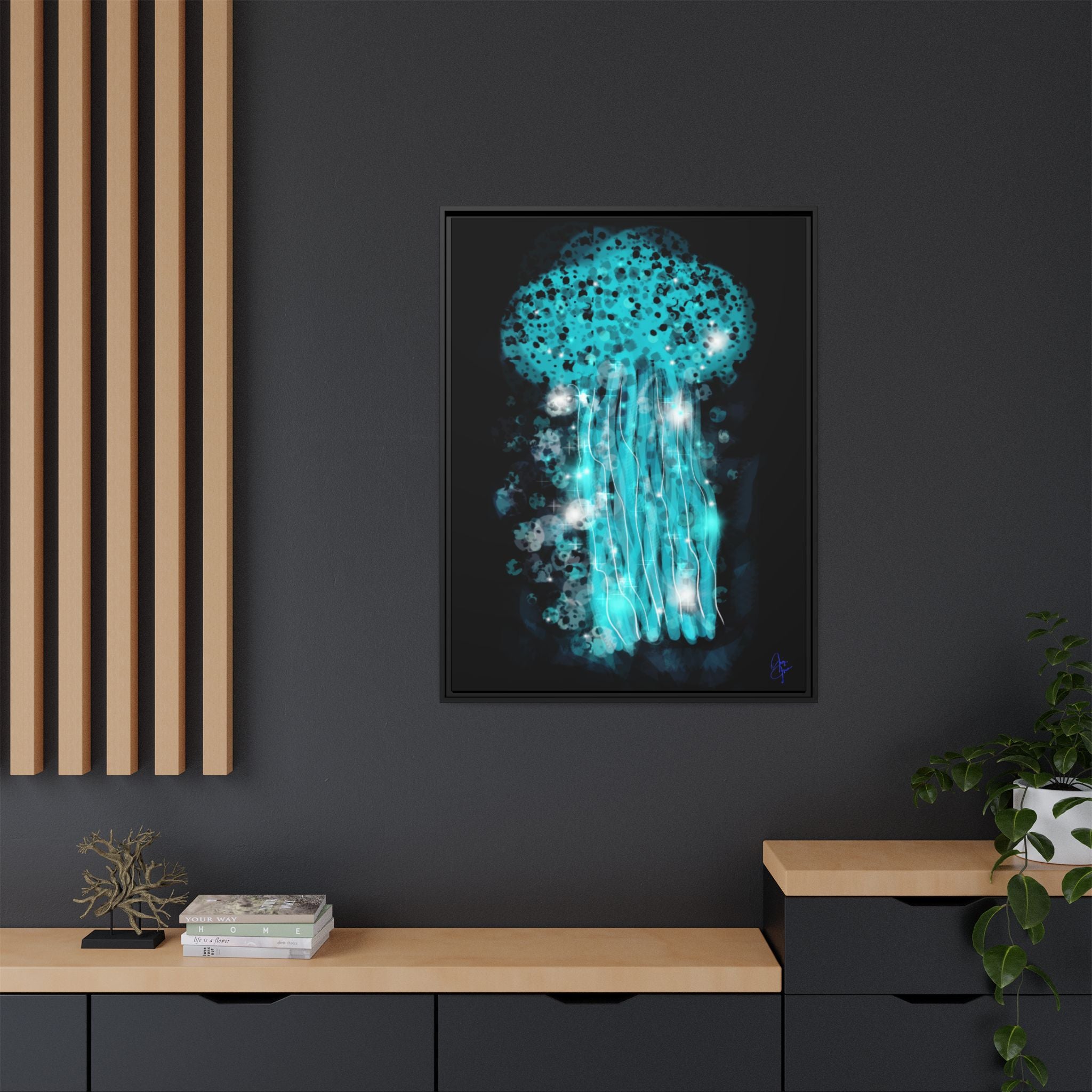 Glowing Jellyfish Art Print — Framed Matte Canvas