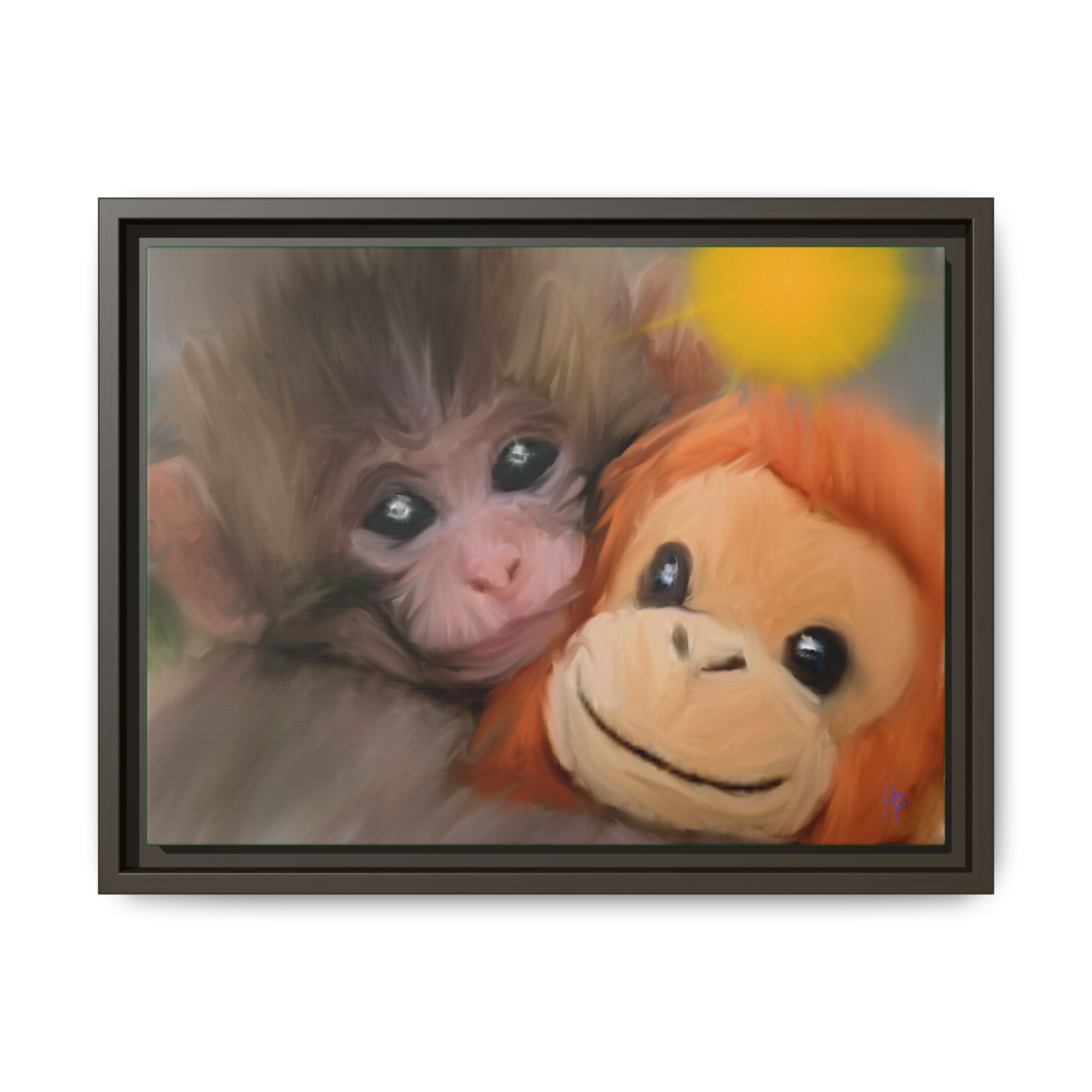 Framed Matte Canvas Print — Baby Monkey & Plush Orangutan Wall Art