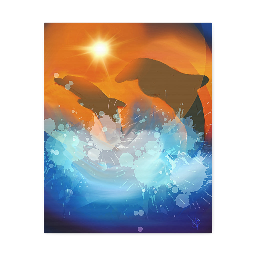 Sunset Dolphin Canvas Wall Art — Vibrant Ocean Sunset Stretch Canvas
