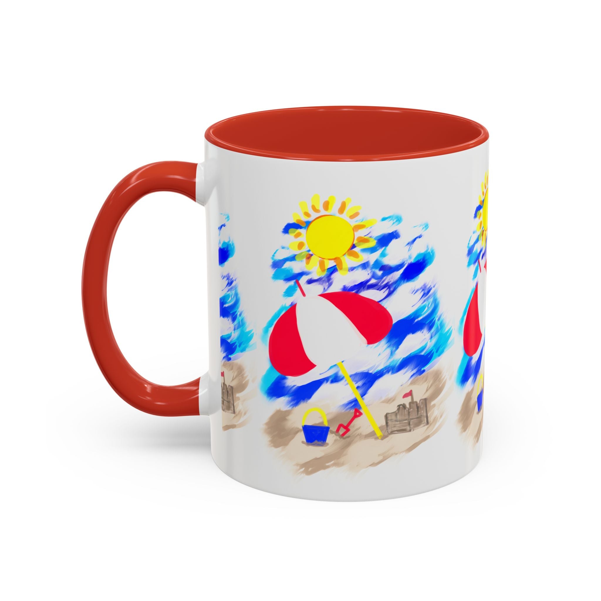 Beach Scene Coffee Mug – Summer Umbrella, Sun & Sandcastle Accent Mug