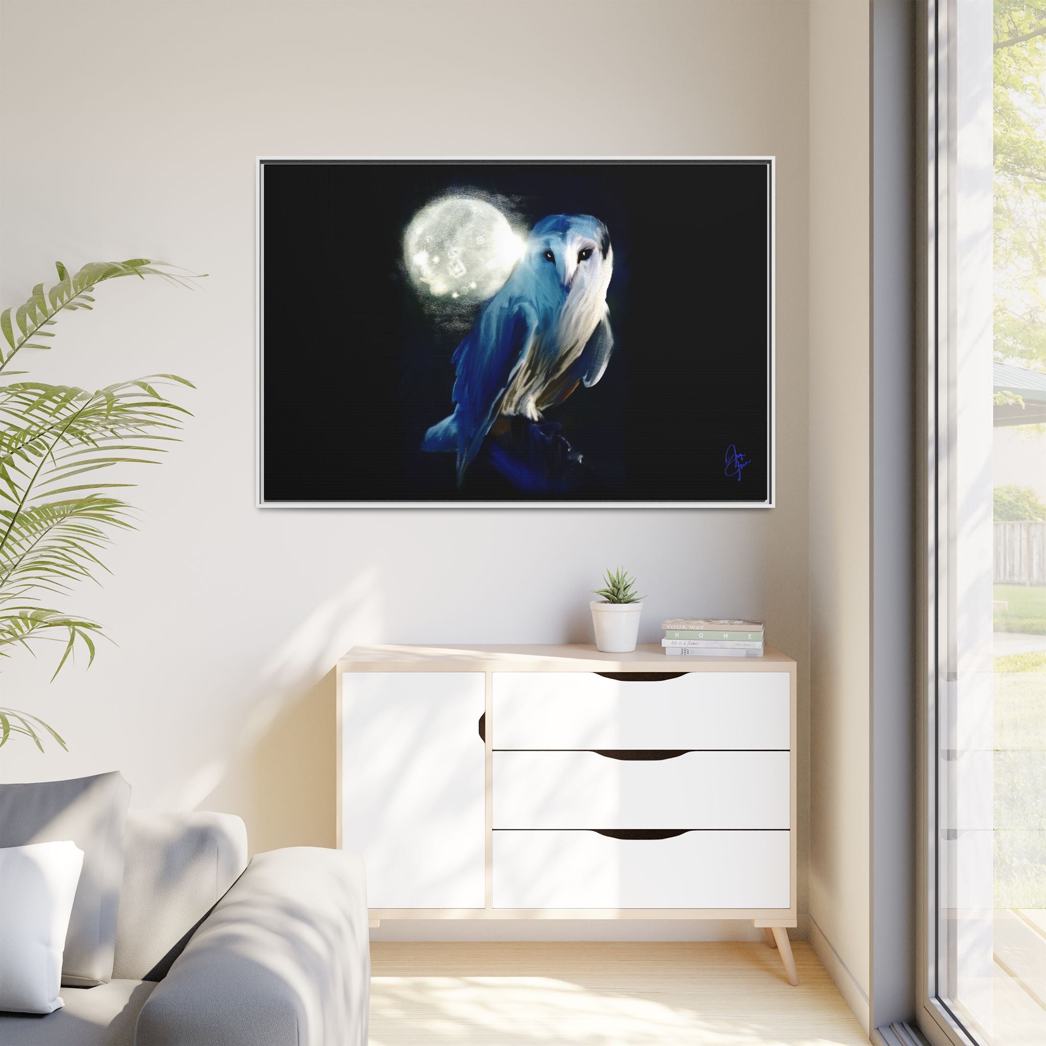 Moonlight Owl Matte Framed Canvas — Mystical Blue Owl Wall Art