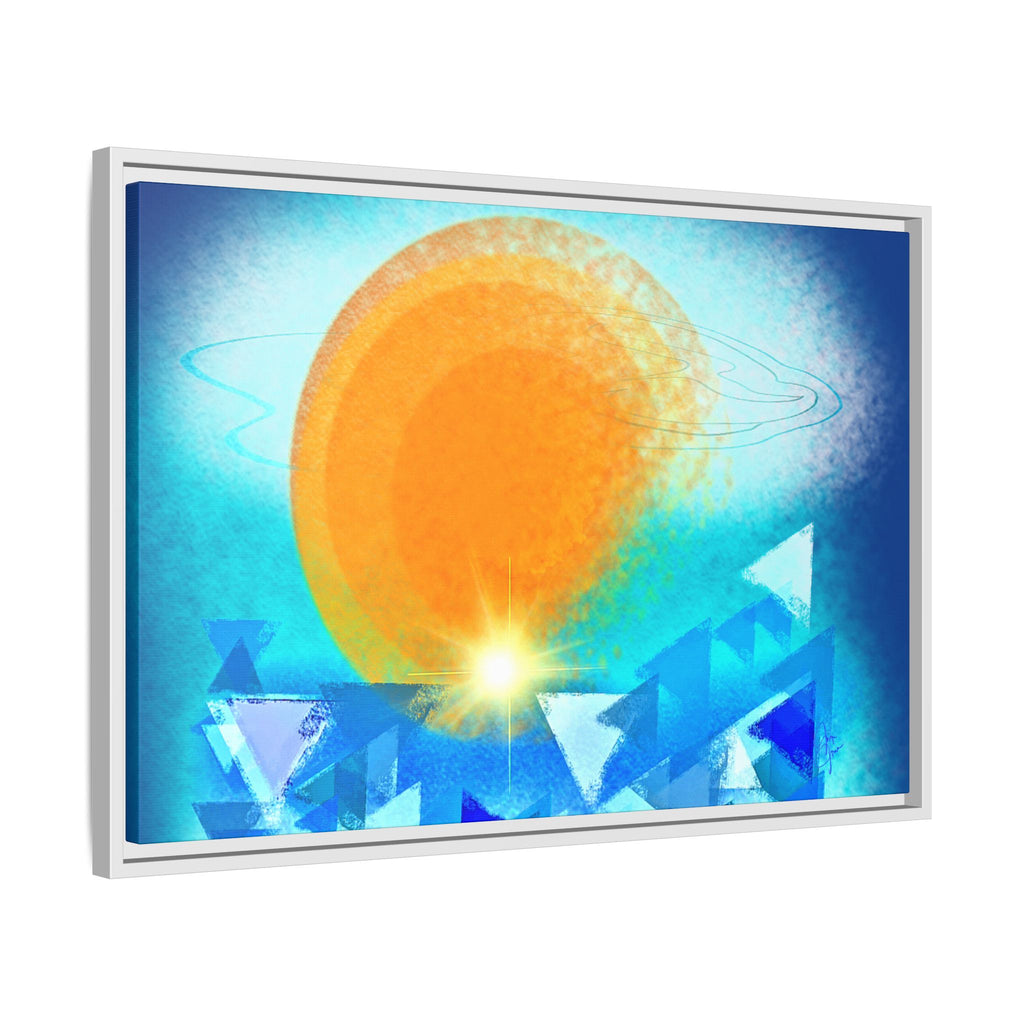 Abstract Sunrise Framed Canvas Art – Orange Sun Over Blue Geometric Waves
