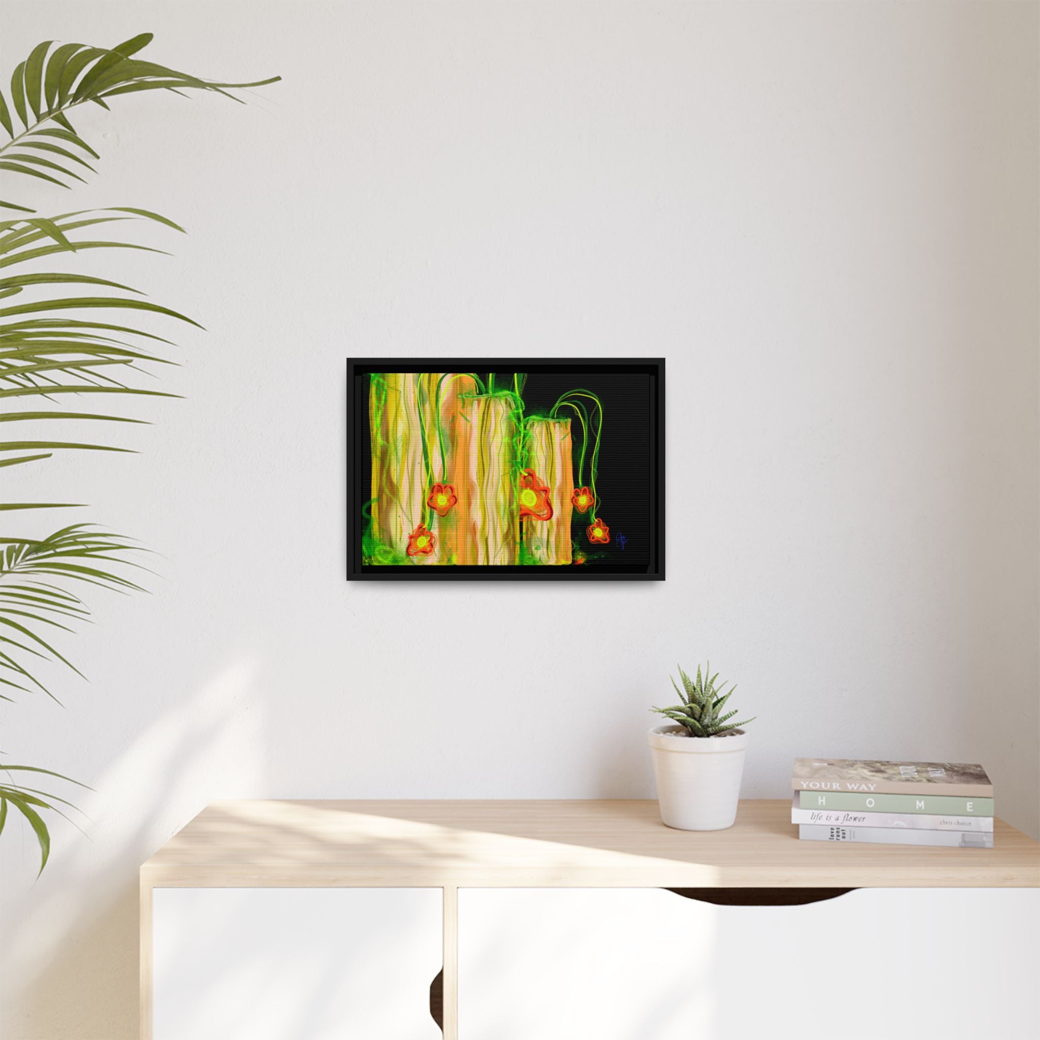 Framed Matte Canvas Print — Neon Floral Candlelight Art
