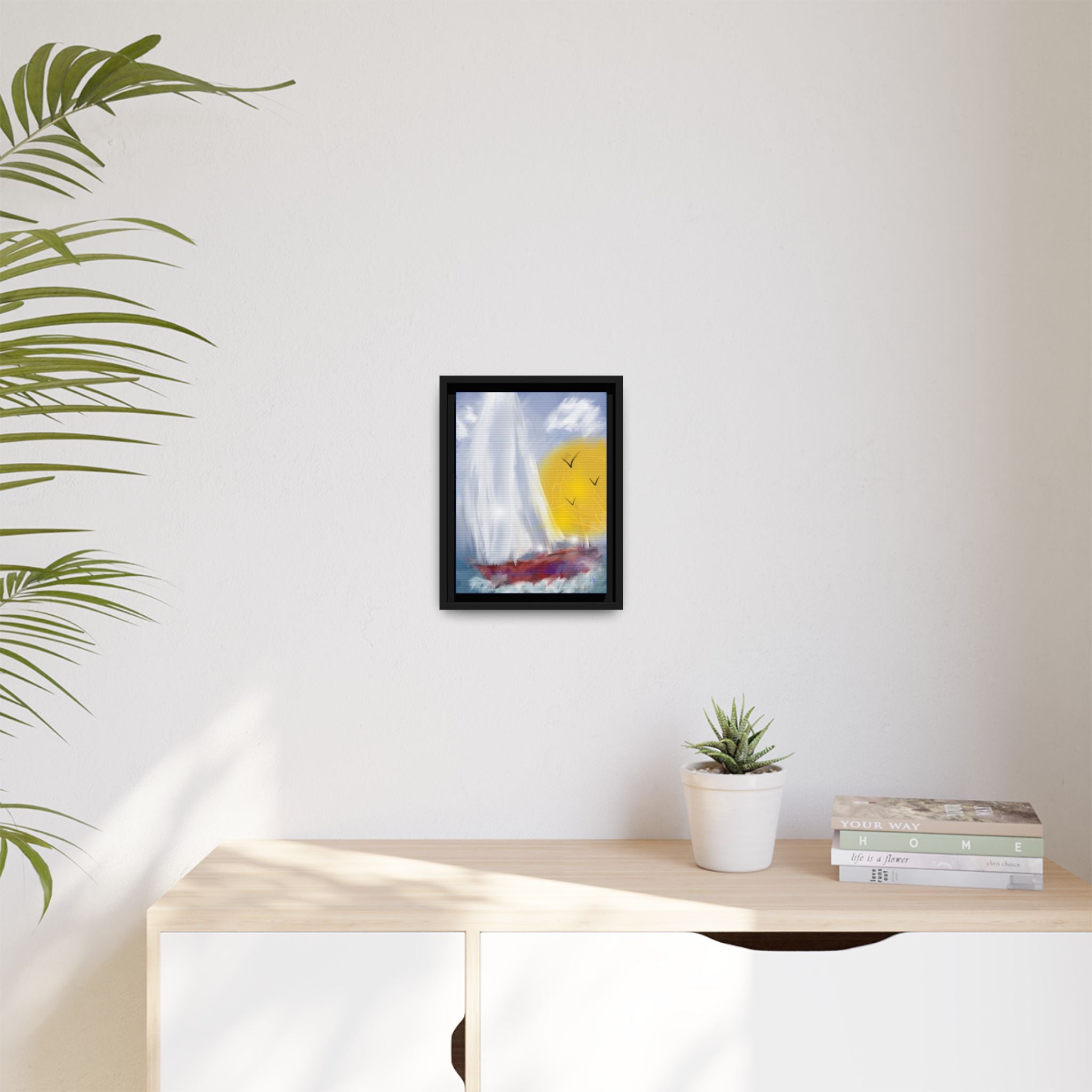 Sailboat Sunset Matte Framed Canvas Print — Coastal Seascape Wall Art