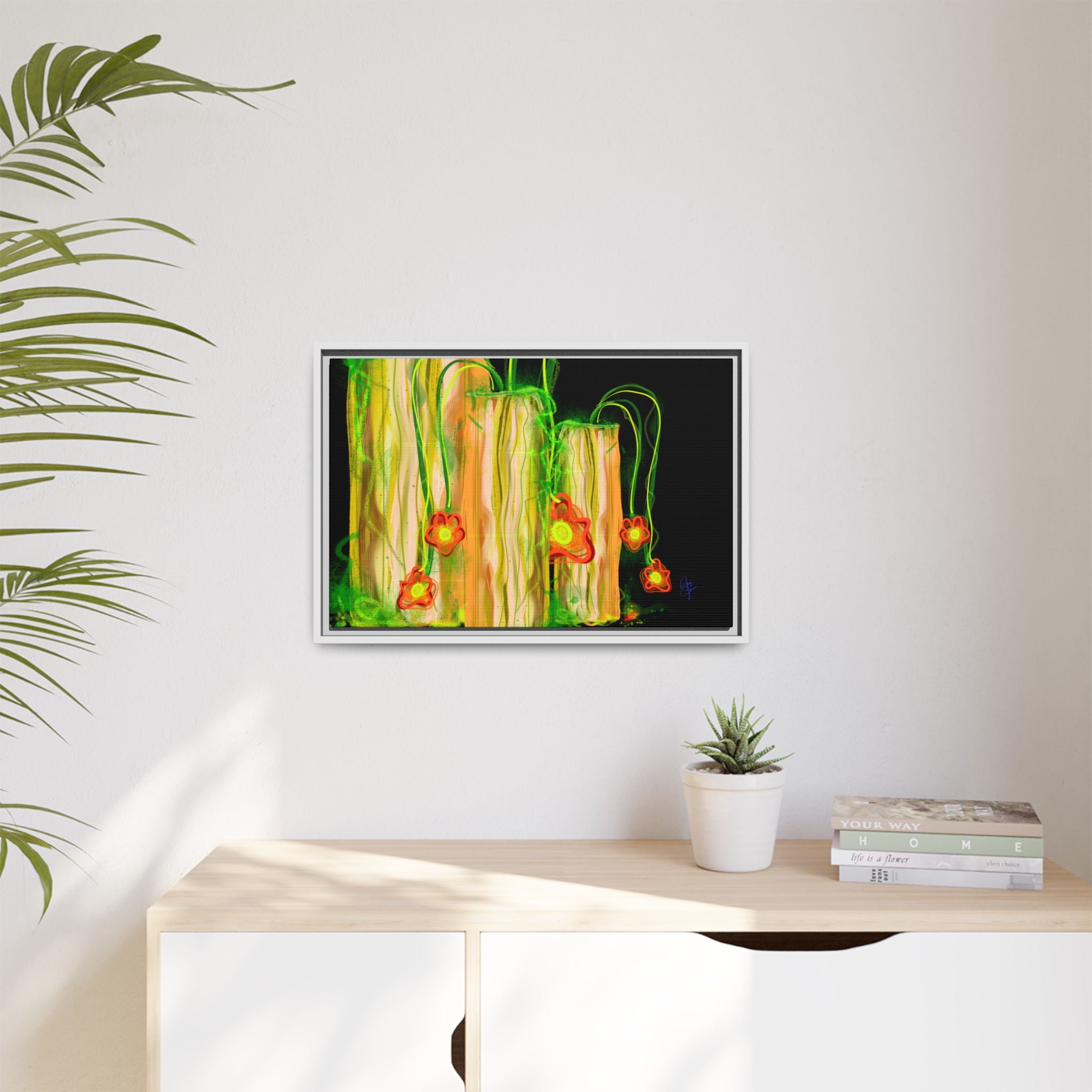 Framed Matte Canvas Print — Neon Floral Candlelight Art