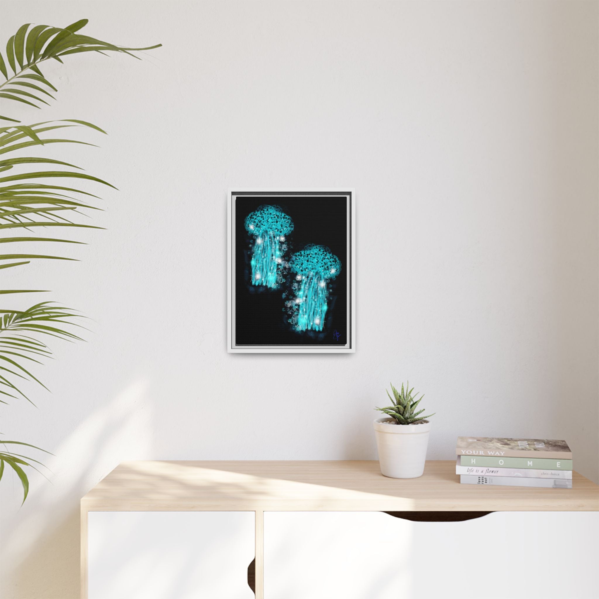 Glowing Jellyfish Art Print — Framed Matte Canvas