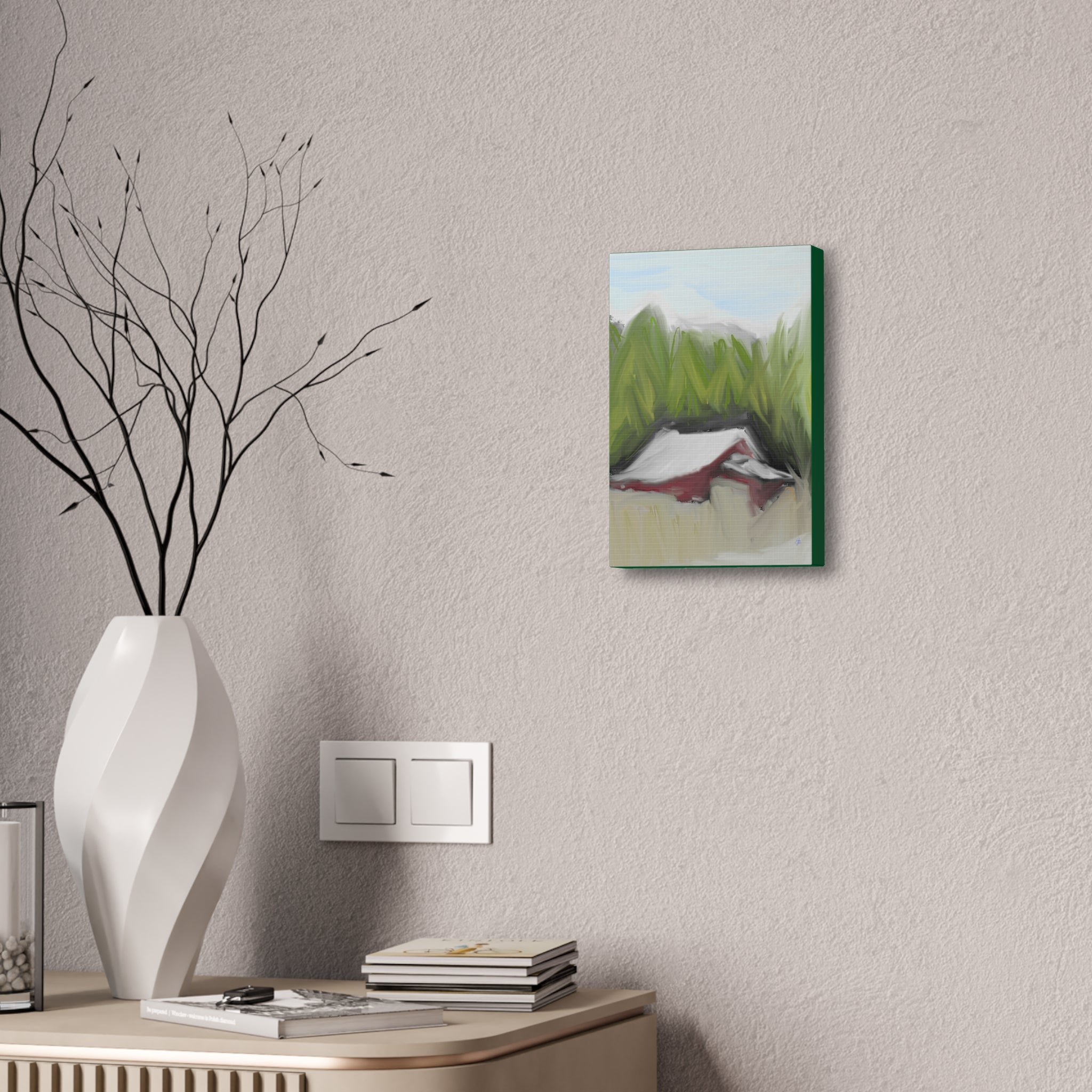 Canvas Wall Art - Red Barn in Green Field Stretched Canvas (1.5")