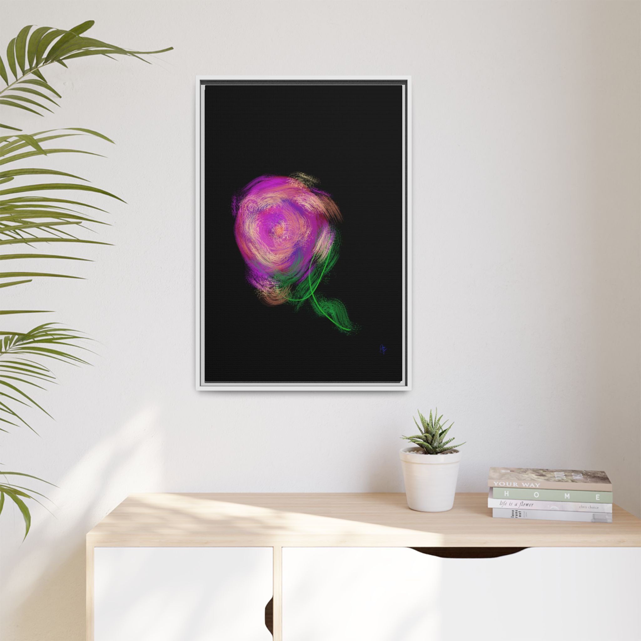 Abstract Rose Swirl Matte Framed Canvas — Multicolor Floral Wall Art