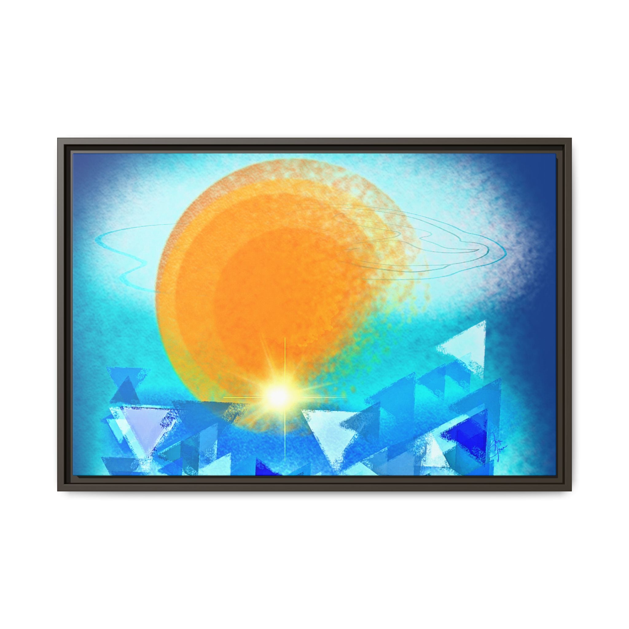 Abstract Sunrise Framed Canvas Art – Orange Sun Over Blue Geometric Waves