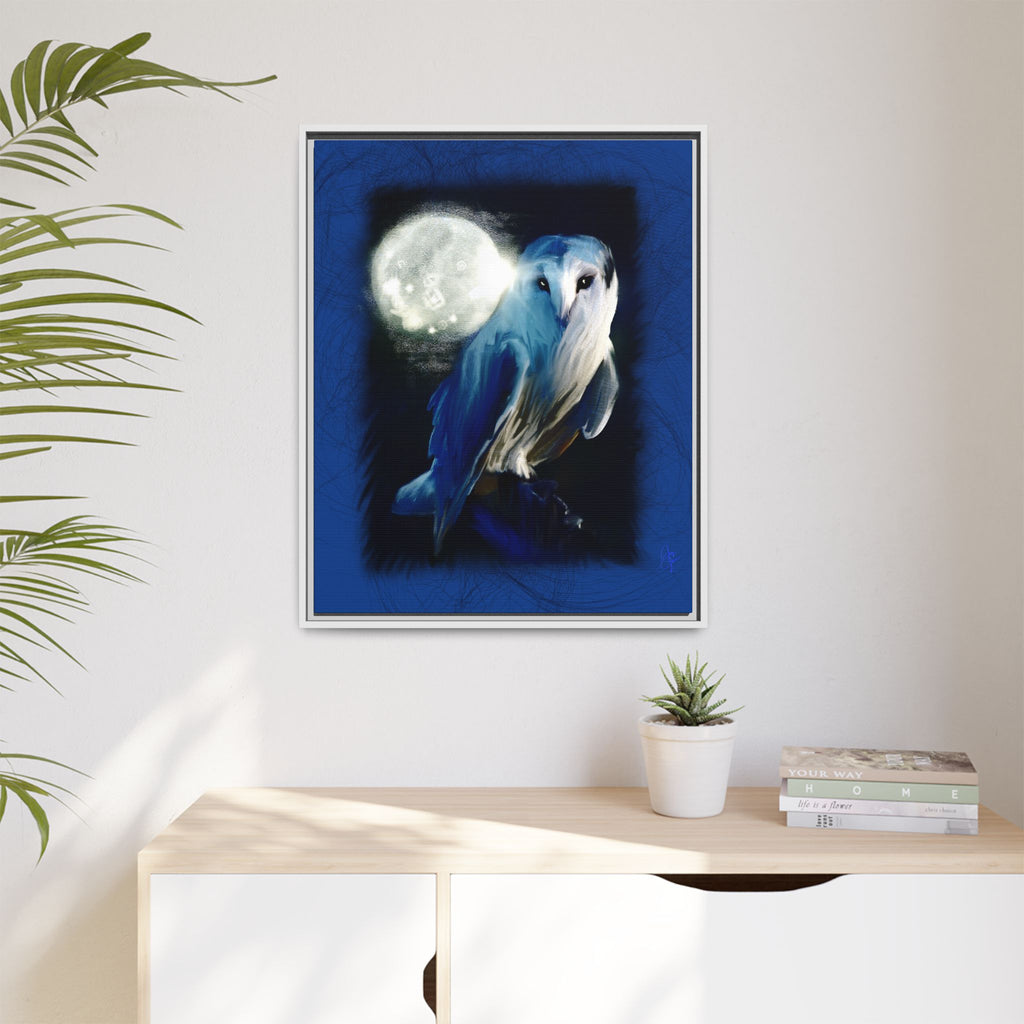 Moonlight Owl Matte Framed Canvas — Mystical Blue Owl Wall Art