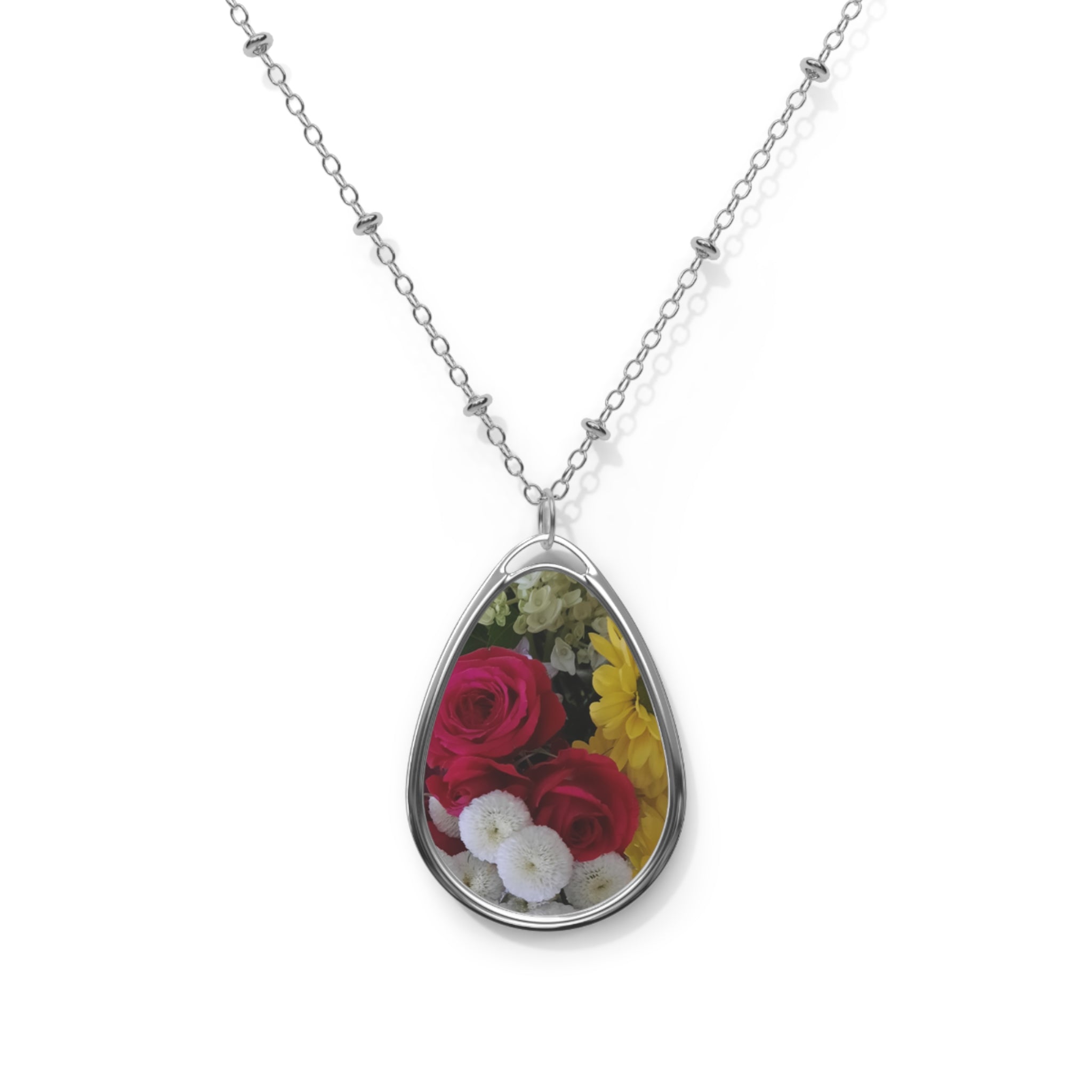 Floral Oval Photo Pendant Necklace — Personalized Picture Teardrop Locket