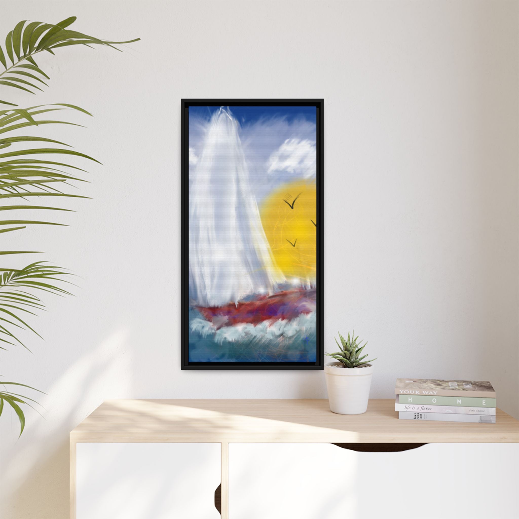Sailboat Sunset Matte Framed Canvas Print — Coastal Seascape Wall Art