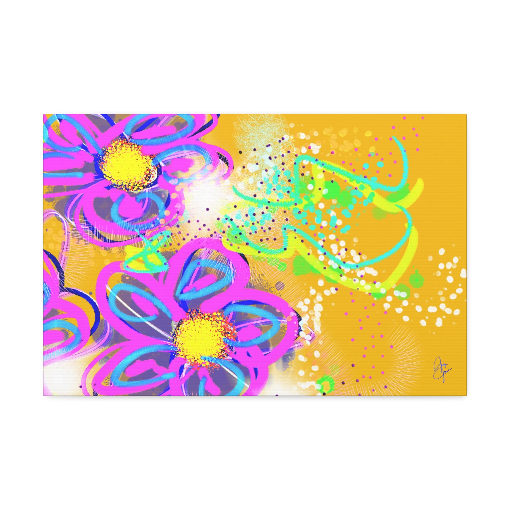 Vibrant Neon Floral Canvas Print — Pink & Green Stretched Wall Art