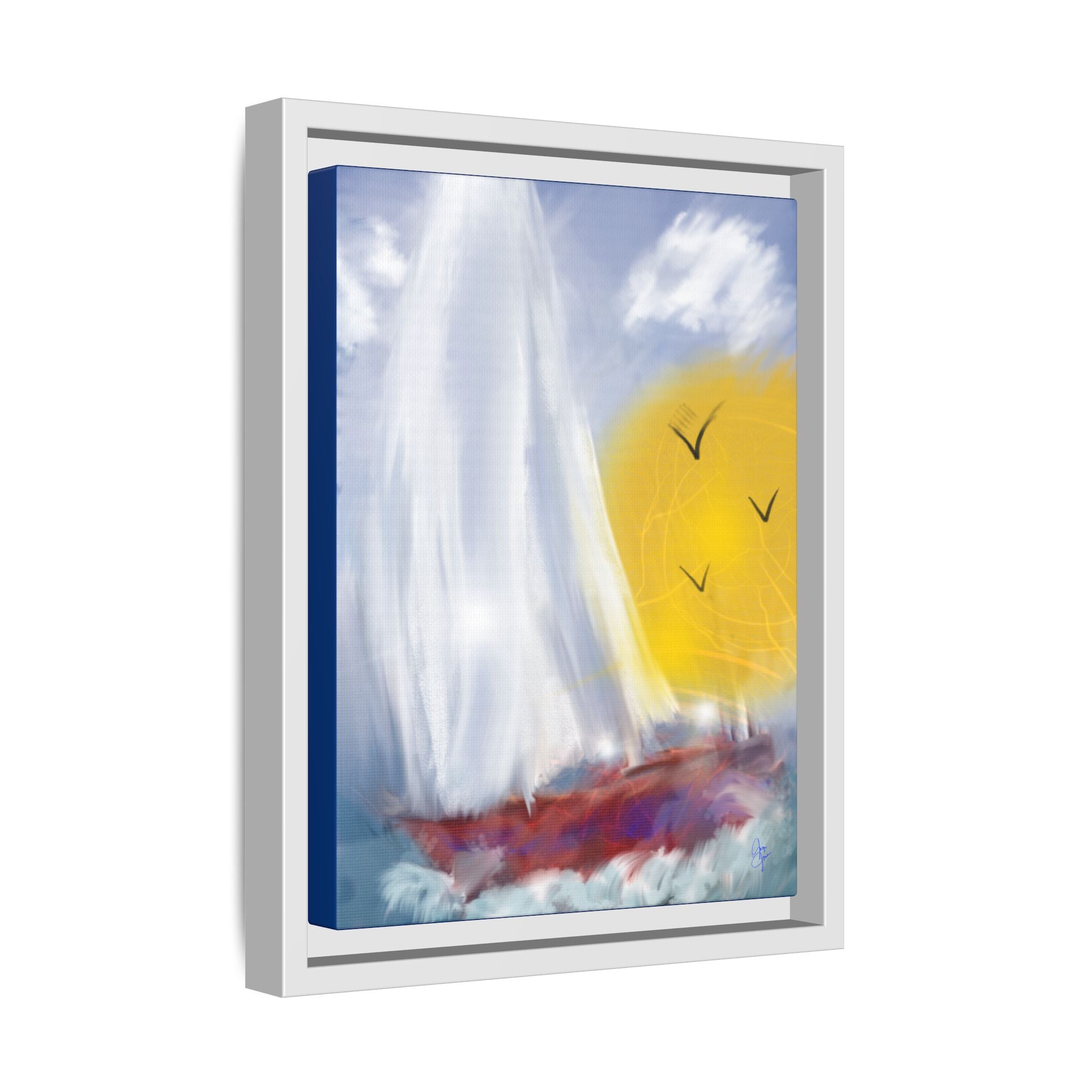 Sailboat Sunset Matte Framed Canvas Print — Coastal Seascape Wall Art