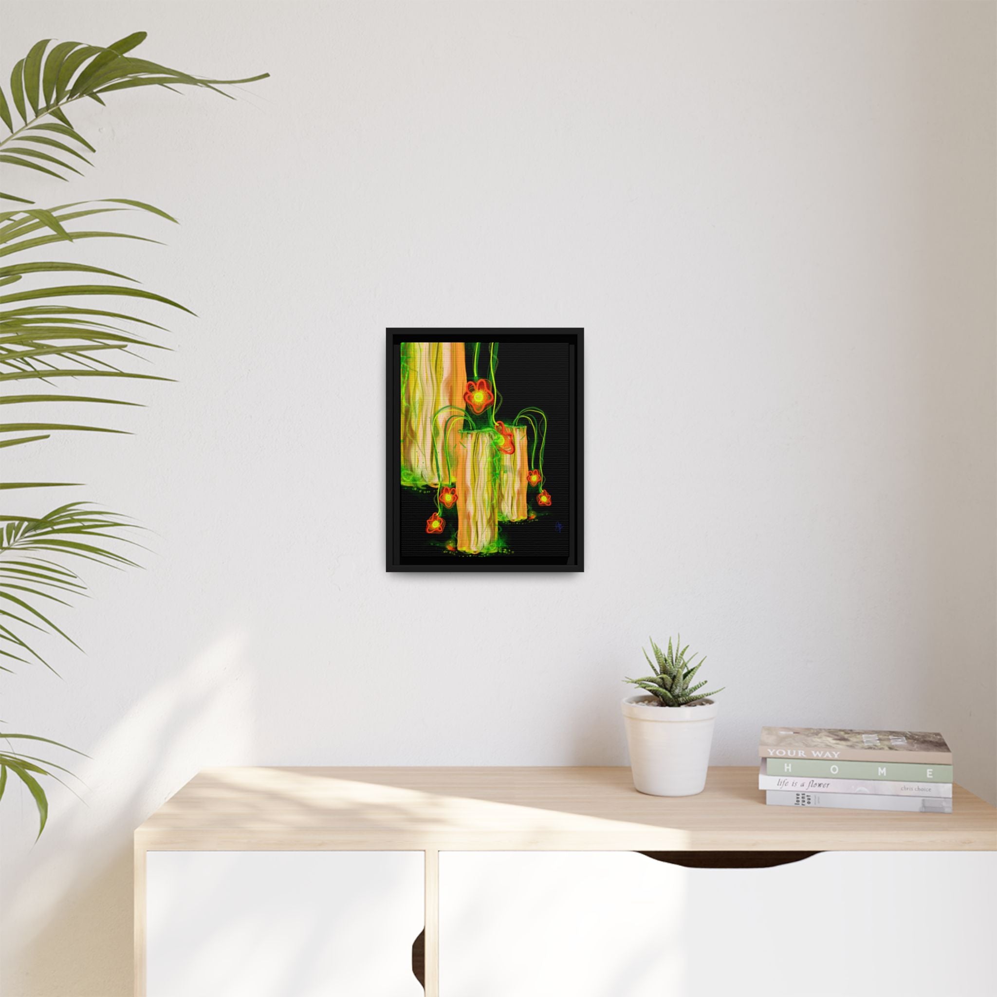Framed Matte Canvas Print — Neon Floral Candlelight Art