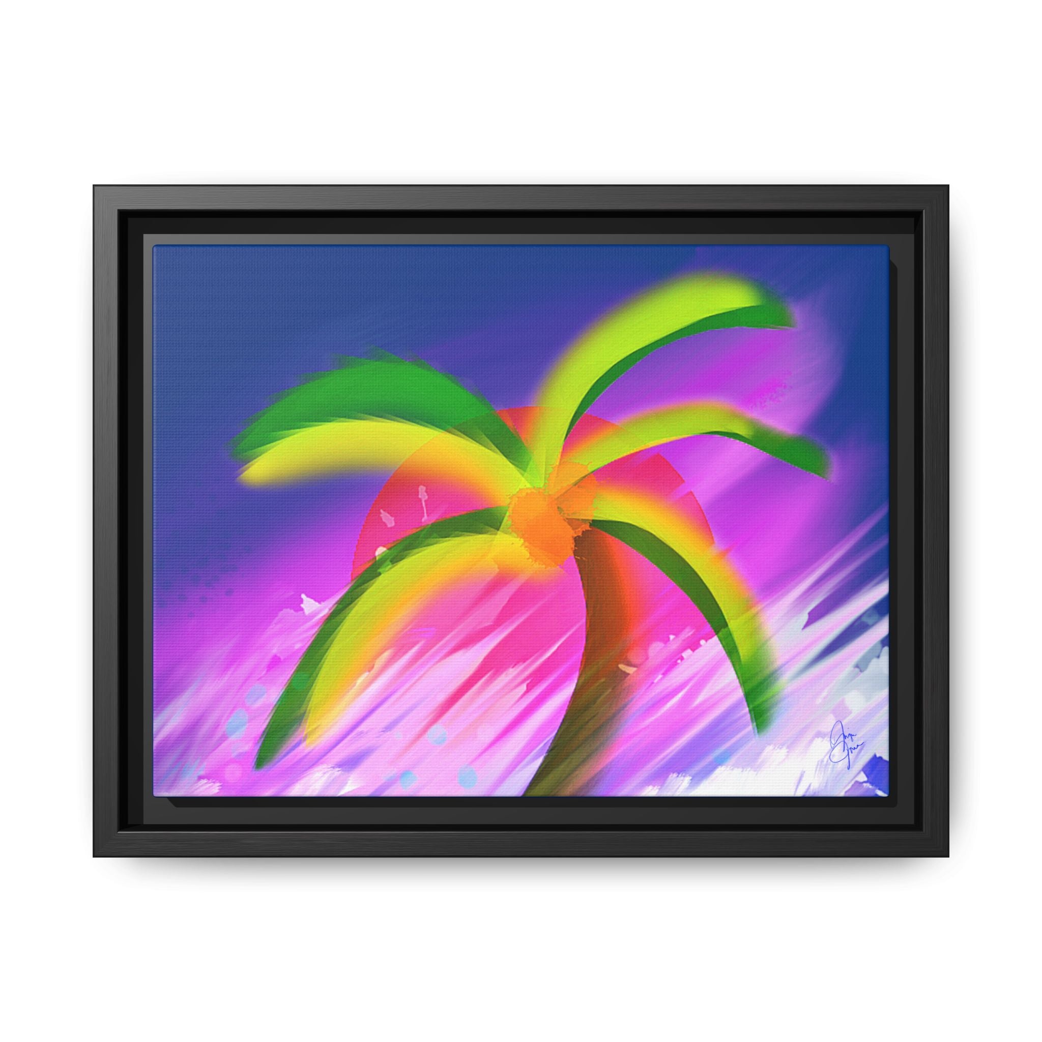 Framed Matte Canvas Print — Neon Palm Beach Art