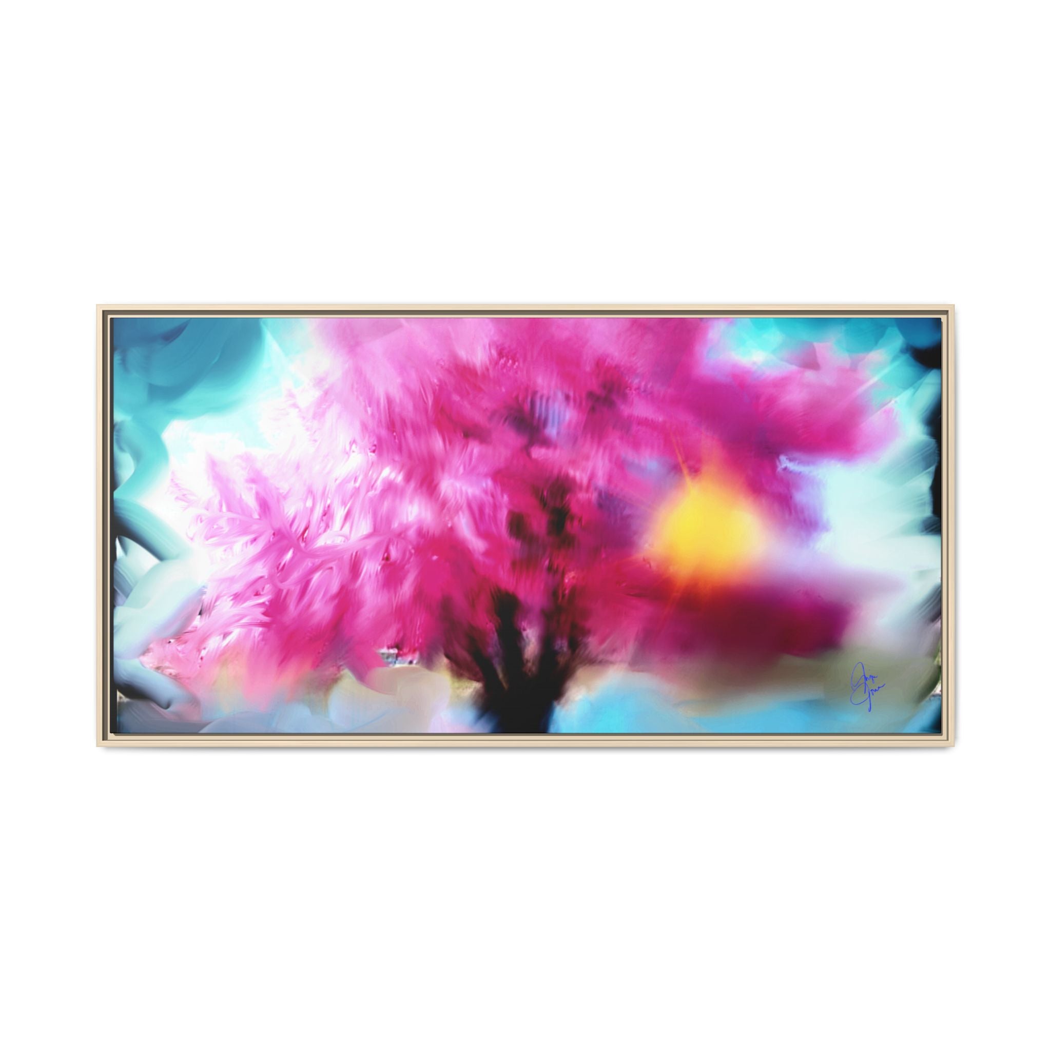Framed Abstract Blossom Canvas — Vertical Pink & Blue Wall Art