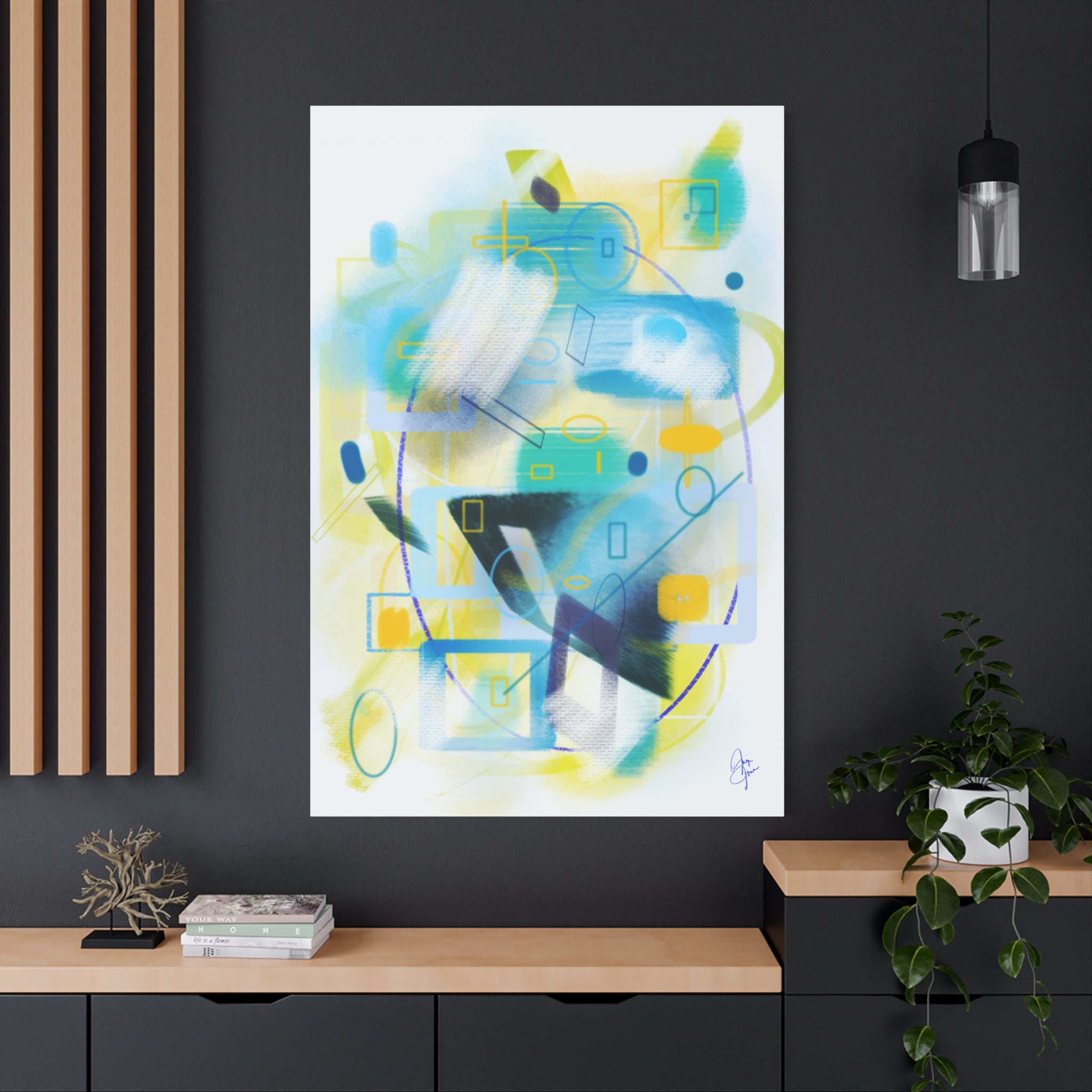Abstract Blue & Yellow Geometry Canvas Print — Modern Stretched Wall Art
