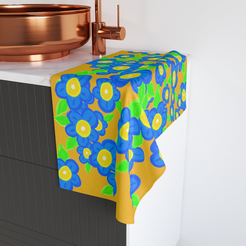 Blue Daisies Floral Hand Towel — Bright Yellow Retro Flower Kitchen & Bath Accent