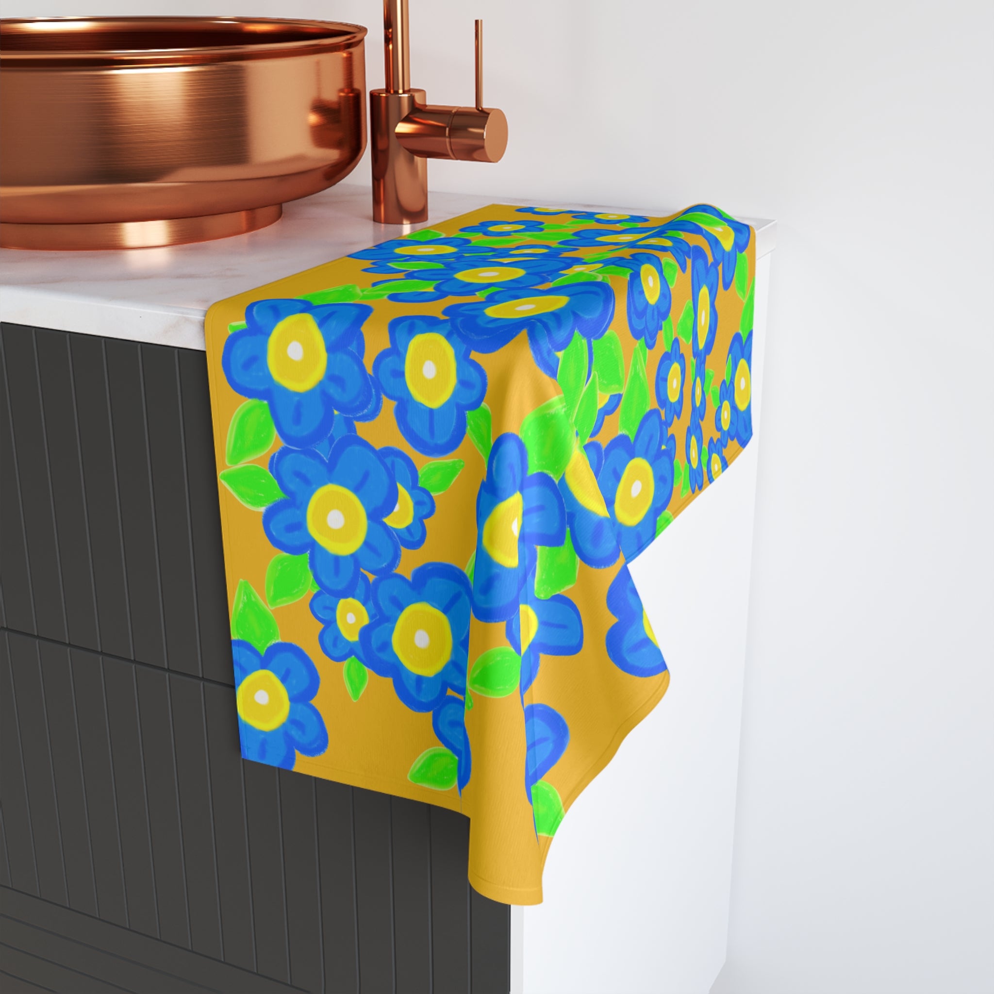 Blue Daisies Floral Hand Towel — Bright Yellow Retro Flower Kitchen & Bath Accent