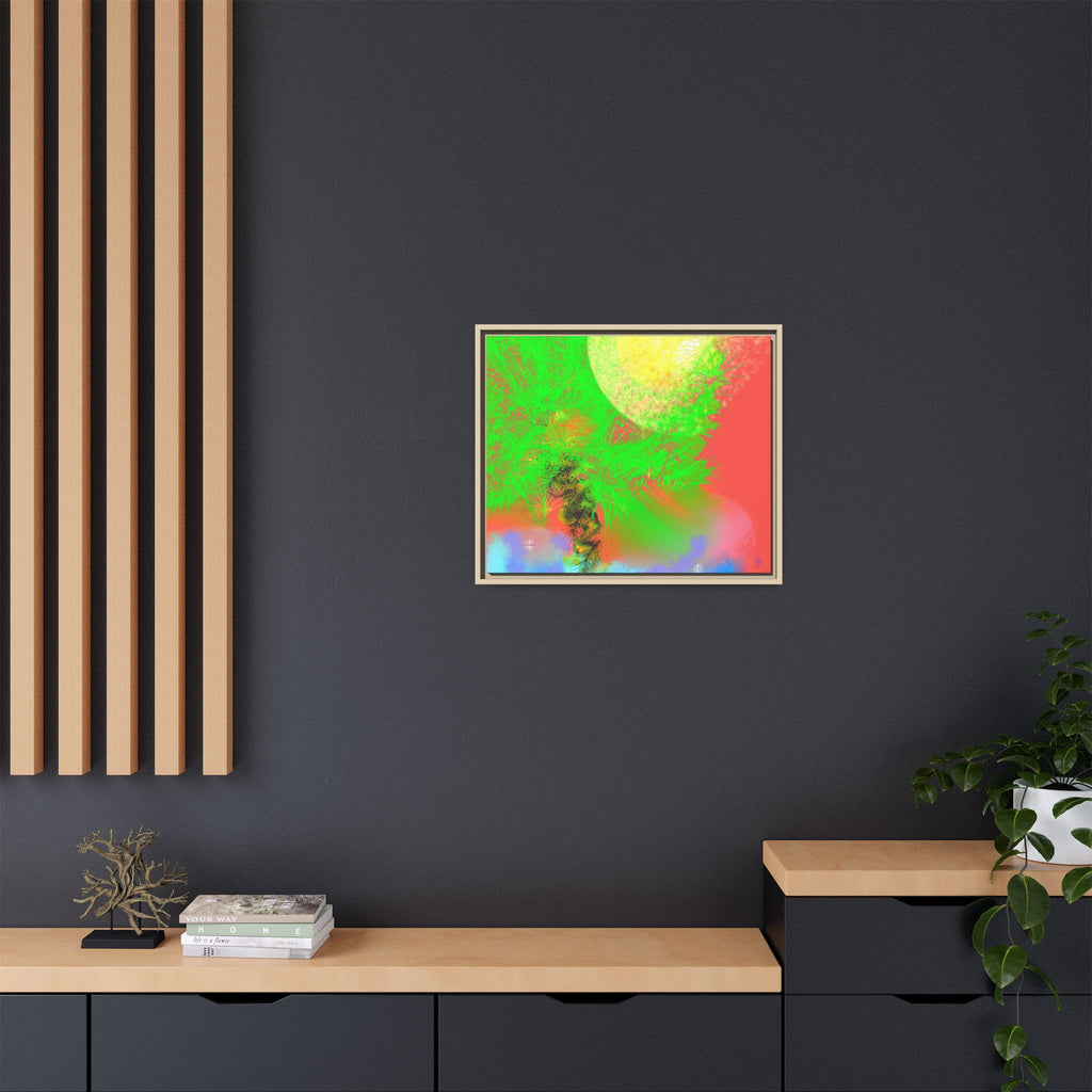 Abstract Neon Tree Matte Canvas Framed Art — Vibrant Green Moon Landscape