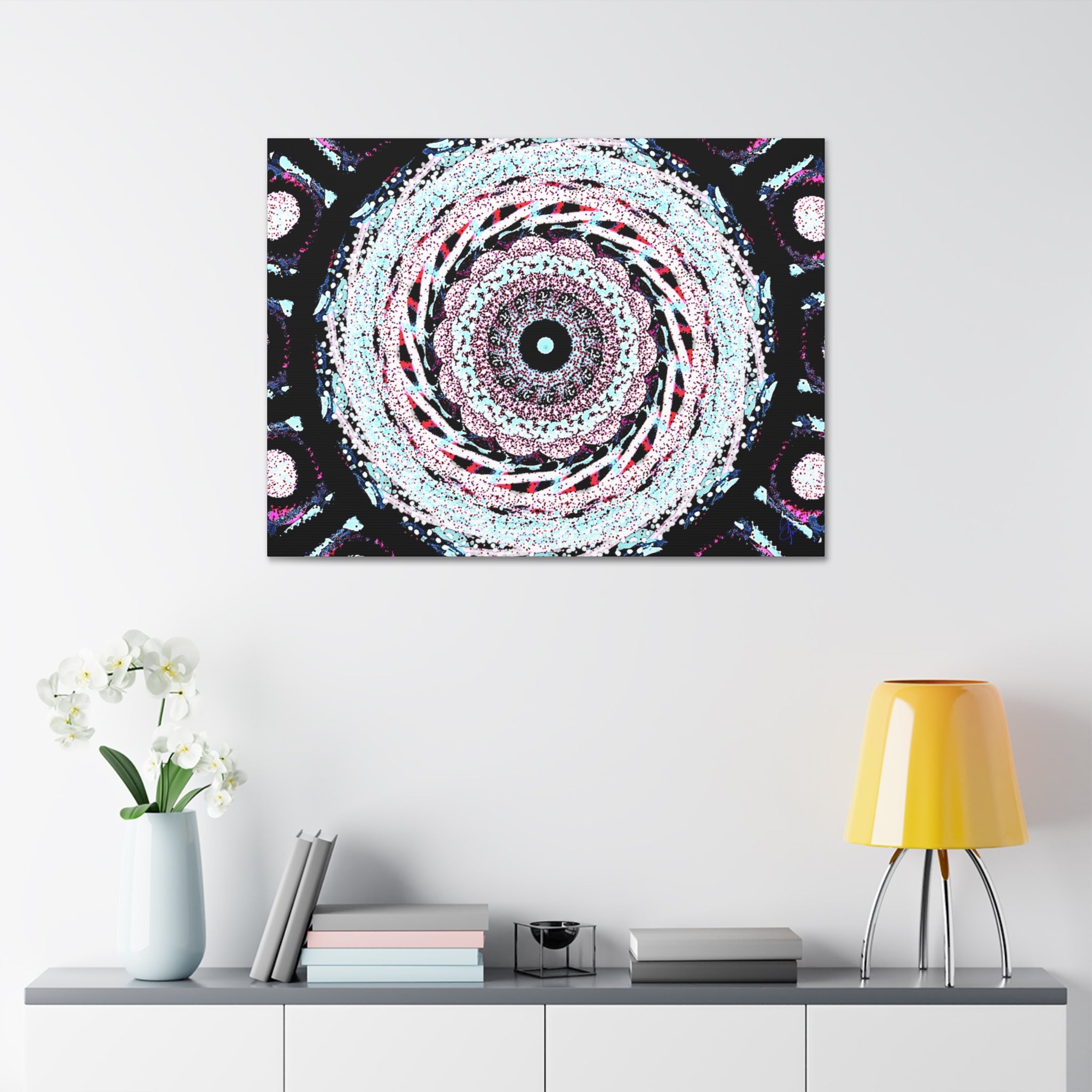Mandala Kaleidoscope Canvas Wall Art — Psychedelic Pink & Teal Stretched Canvas (1.5")