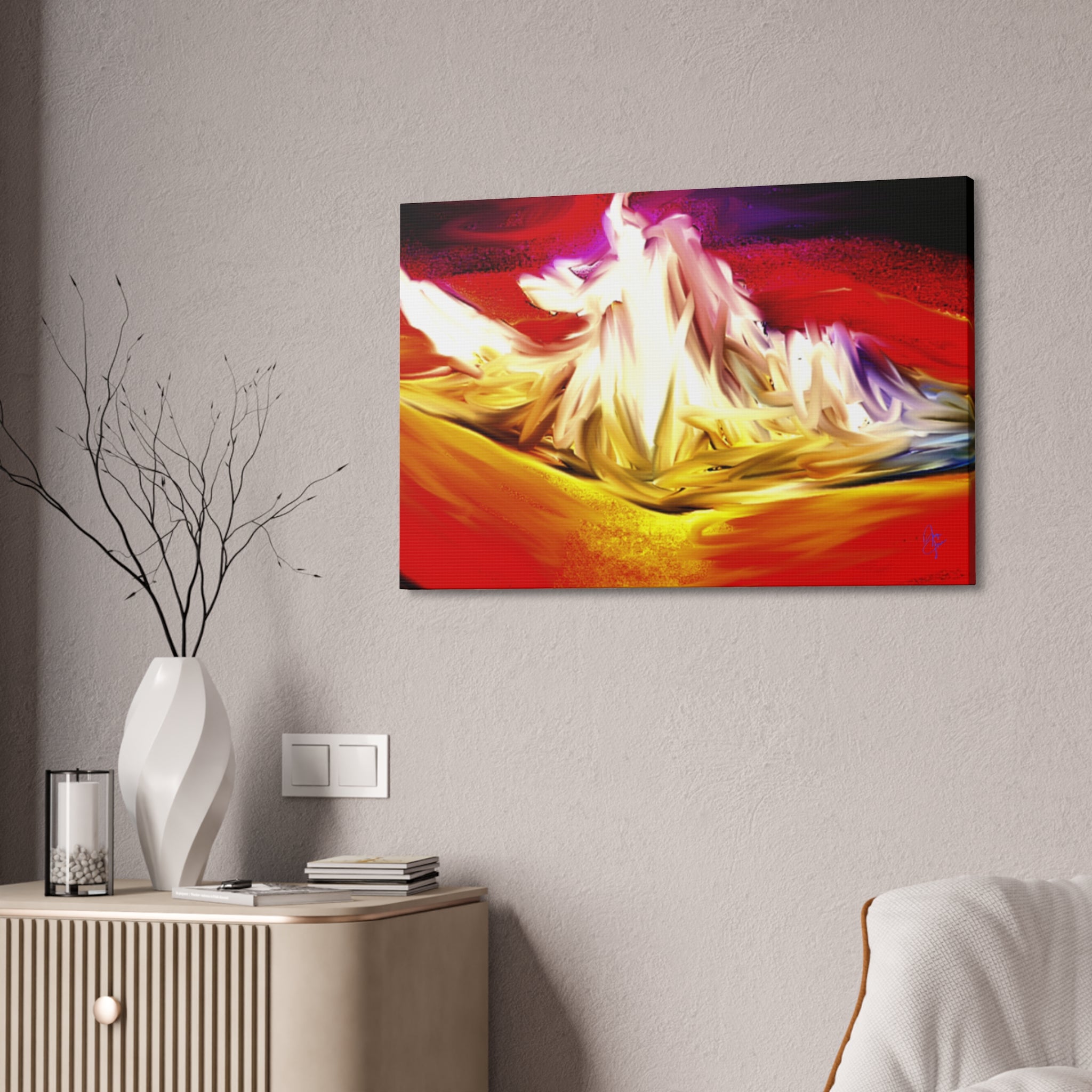 Abstract Campfire Canvas Print — Vibrant Red & Gold Stretched Wall Art