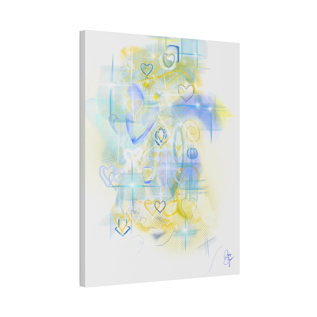 Pastel Heart Abstract Canvas Print — Blue & Yellow Stretched Wall Art (1.5")