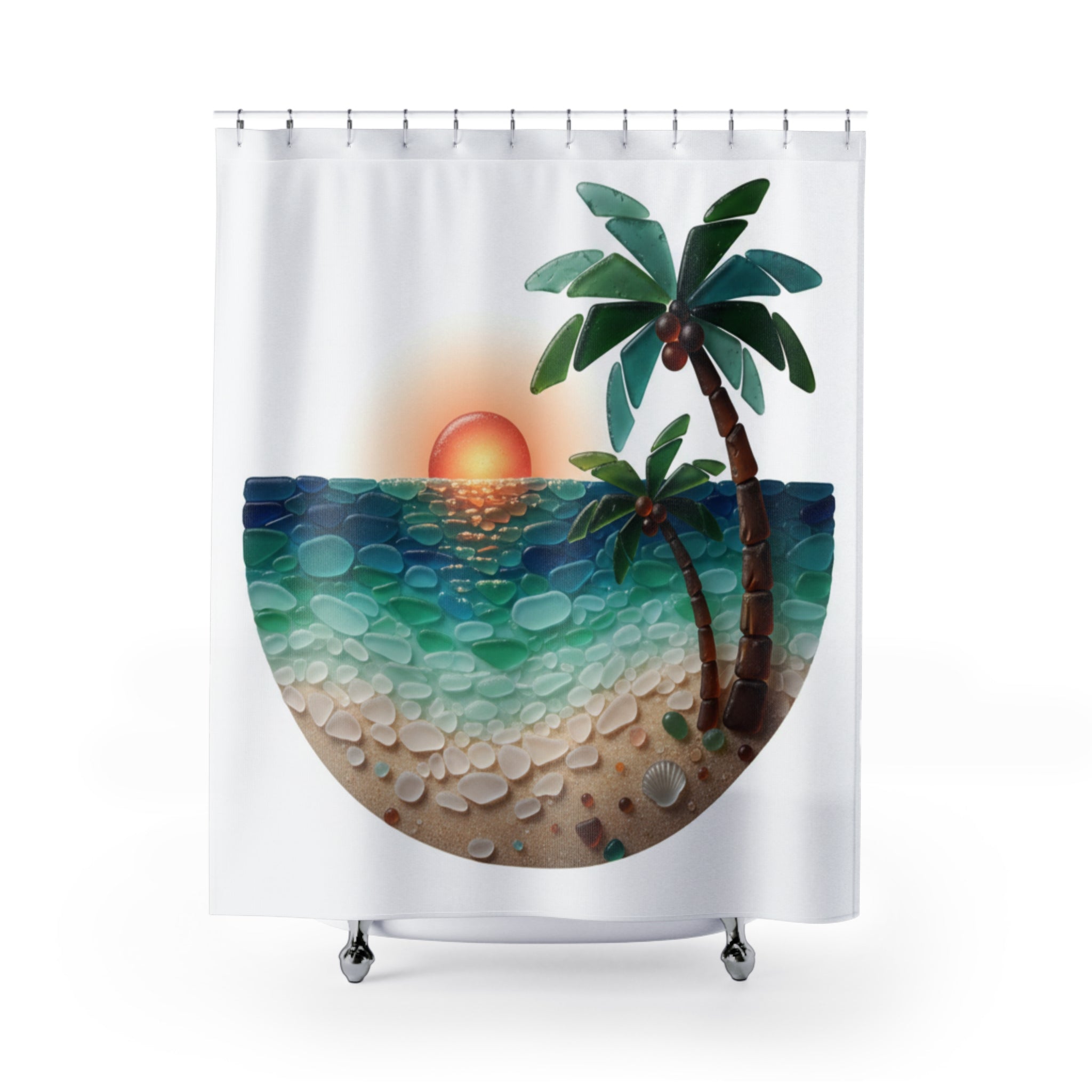 Sunset Palm Shower Curtain — Tropical Beach Waves Bathroom Decor