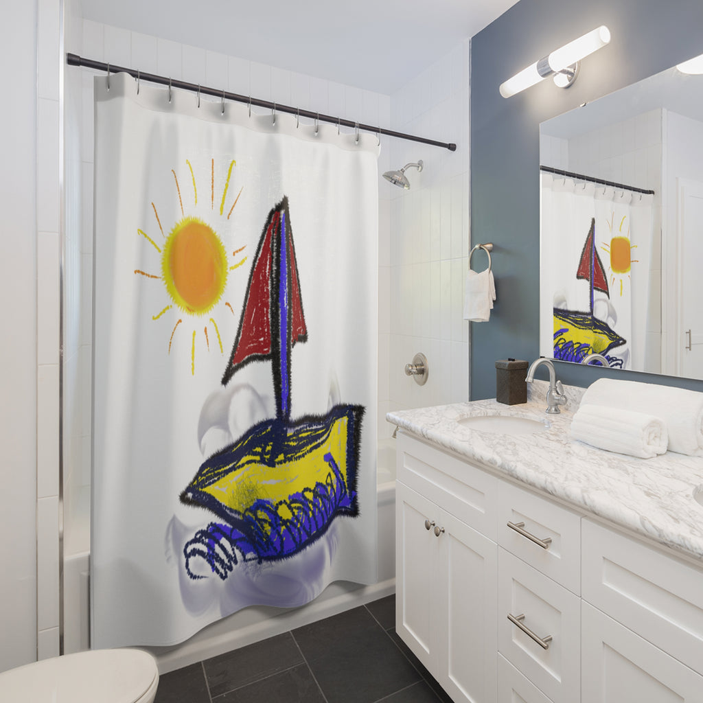 Sailboat Sun Shower Curtain — Bright Nautical Kids Bathroom Decor
