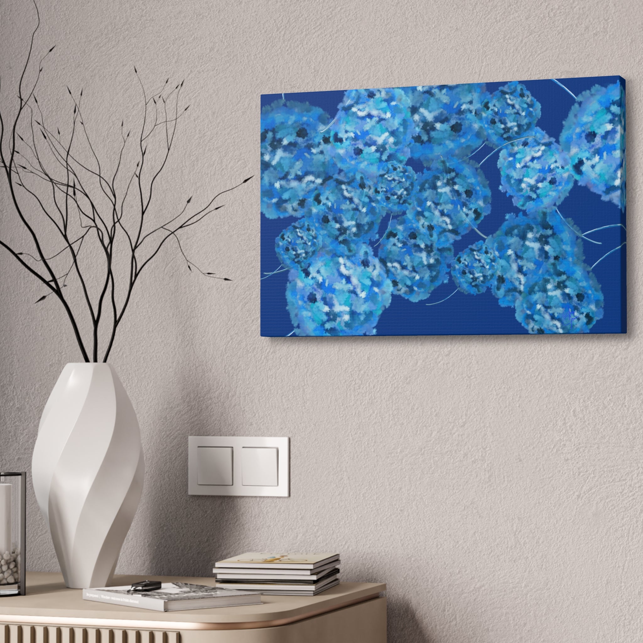 Blue Hydrangea Canvas Wall Art — Abstract Floral Stretched Canvas (1.5" Depth)
