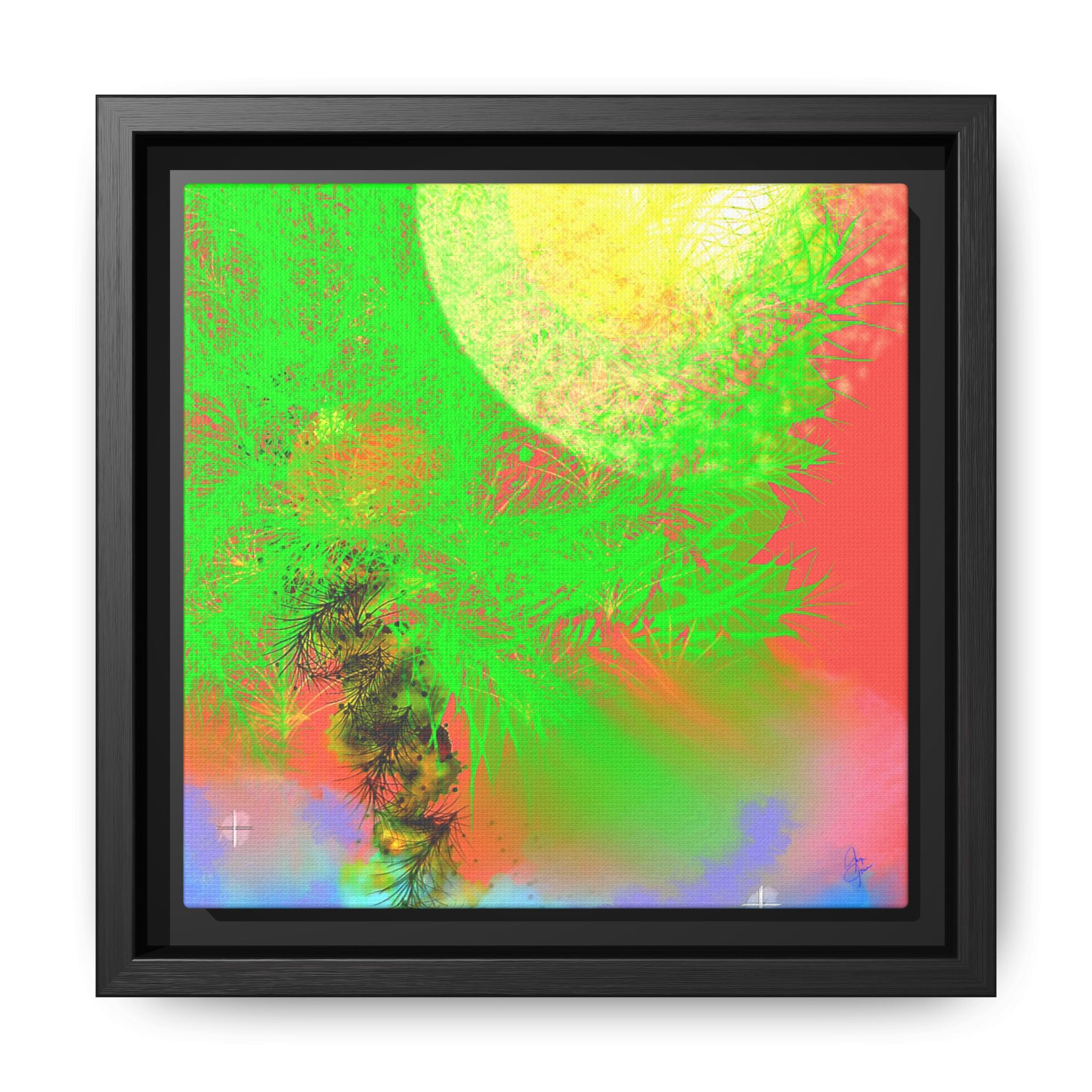 Abstract Neon Tree Matte Canvas Framed Art — Vibrant Green Moon Landscape