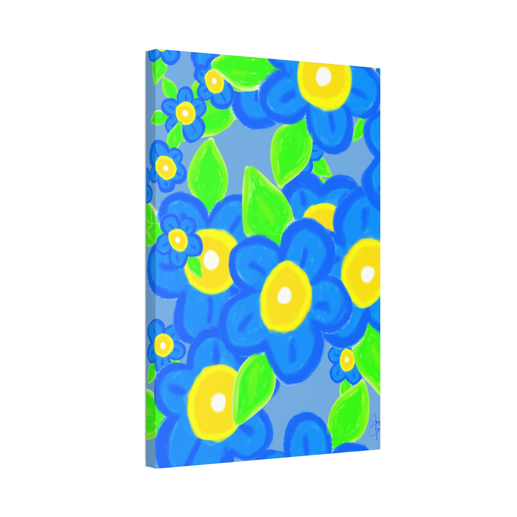 Blue Floral Canvas Wall Art — Bright Hand-Drawn Flowers on Mustard Background