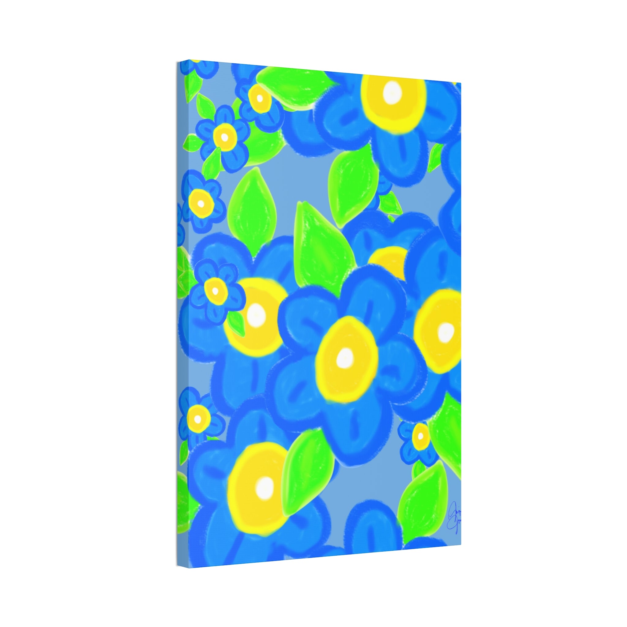 Blue Floral Canvas Wall Art — Bright Hand-Drawn Flowers on Mustard Background