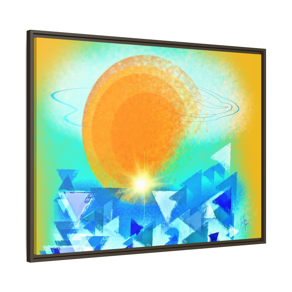 Abstract Sunrise Framed Canvas Art – Orange Sun Over Blue Geometric Waves