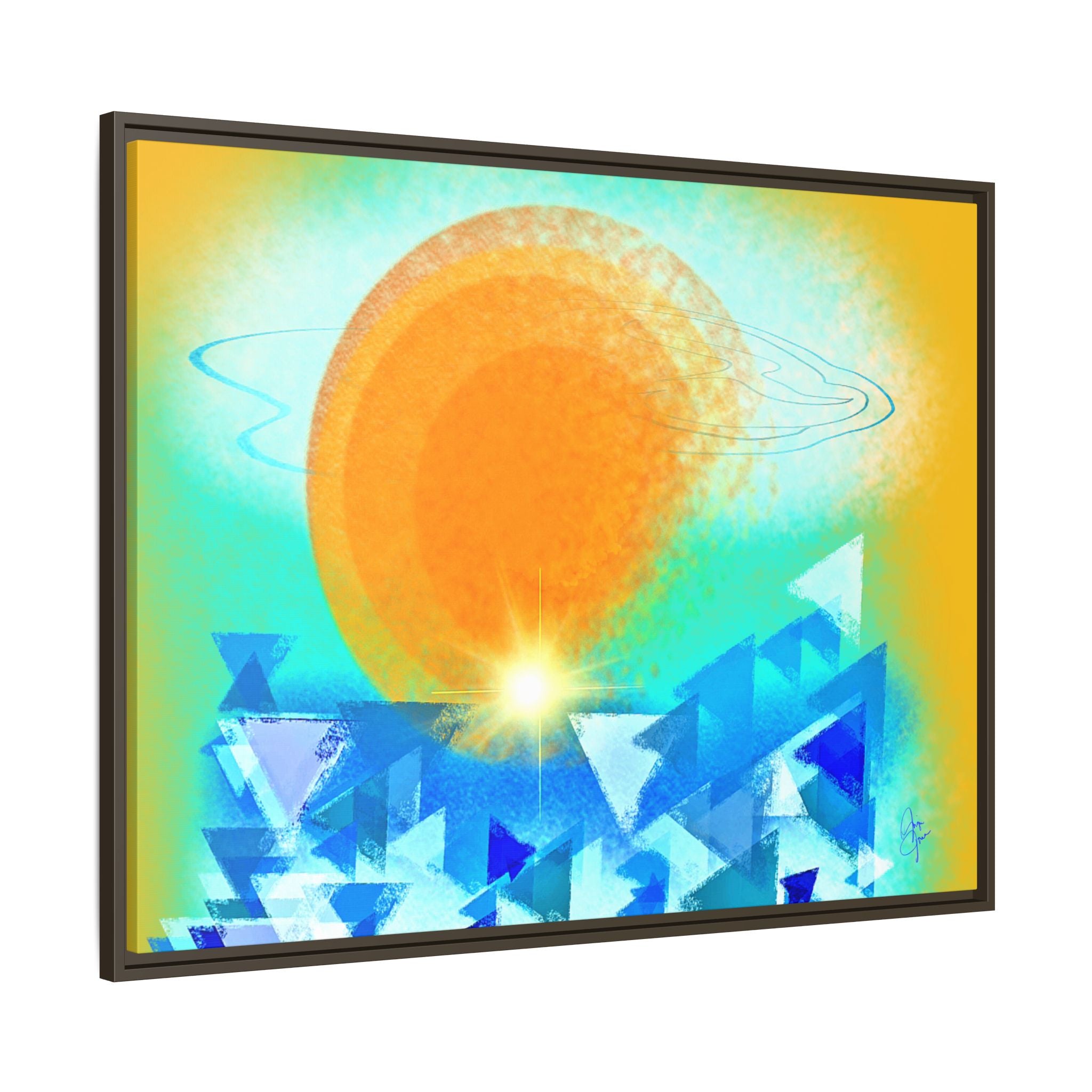 Abstract Sunrise Framed Canvas Art – Orange Sun Over Blue Geometric Waves