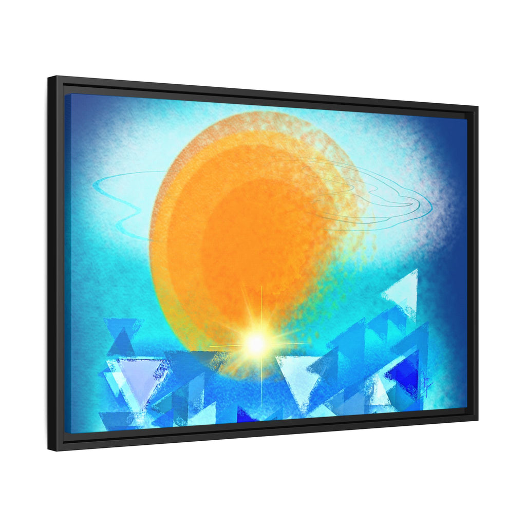 Abstract Sunrise Framed Canvas Art – Orange Sun Over Blue Geometric Waves