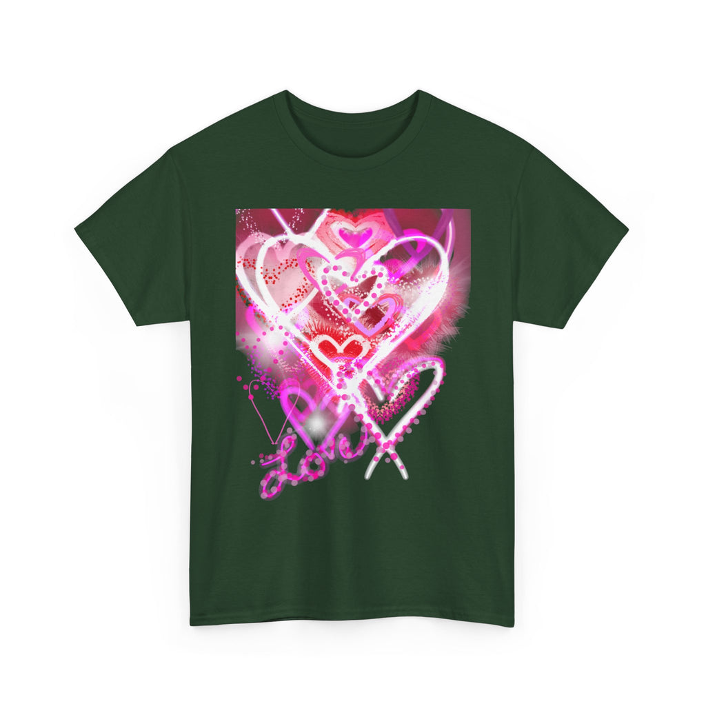 Love Hearts Tee — Pink Watercolor Heart Design Valentine’s Day T‑Shirt