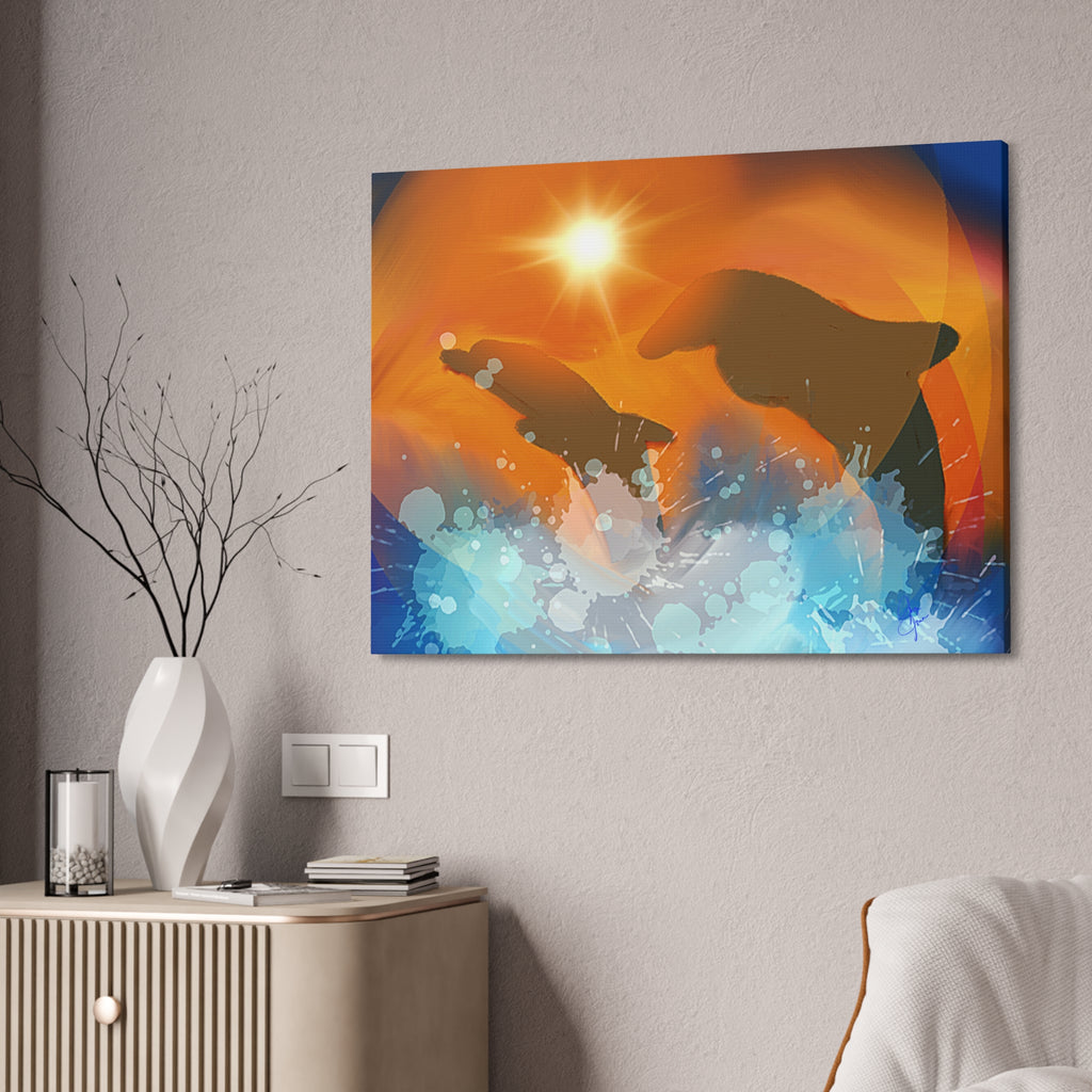 Sunset Dolphin Canvas Wall Art — Vibrant Ocean Sunset Stretch Canvas