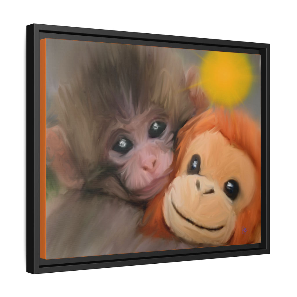 Framed Matte Canvas Print — Baby Monkey & Plush Orangutan Wall Art